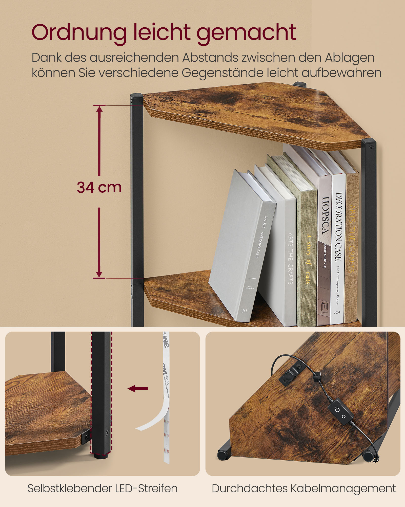 Hjørnehylde med 5 niveauer og LED-belysning vintage brown - Billede 5