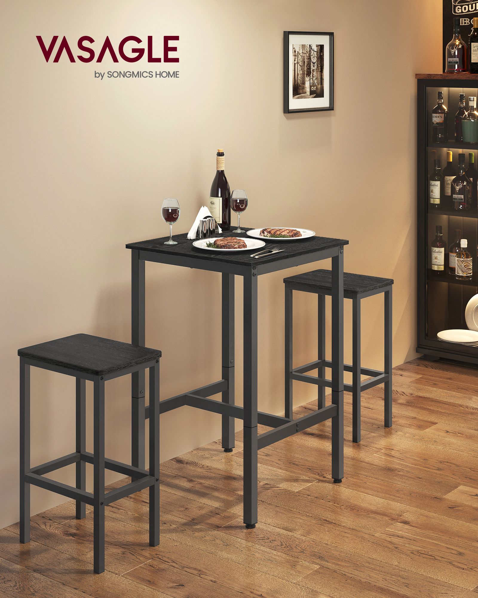 Barbord med stålstel 60 x 60 x 92 cm ibenholt sort-sort - Billede 2