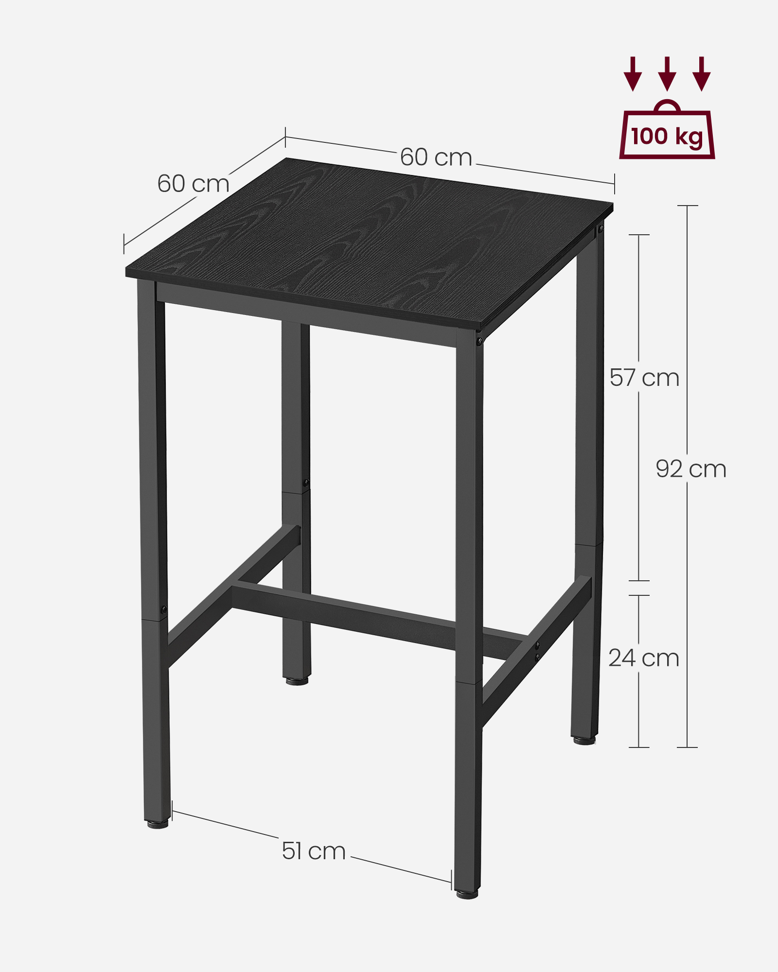 Barbord med stålstel 60 x 60 x 92 cm ibenholt sort-sort - Billede 6