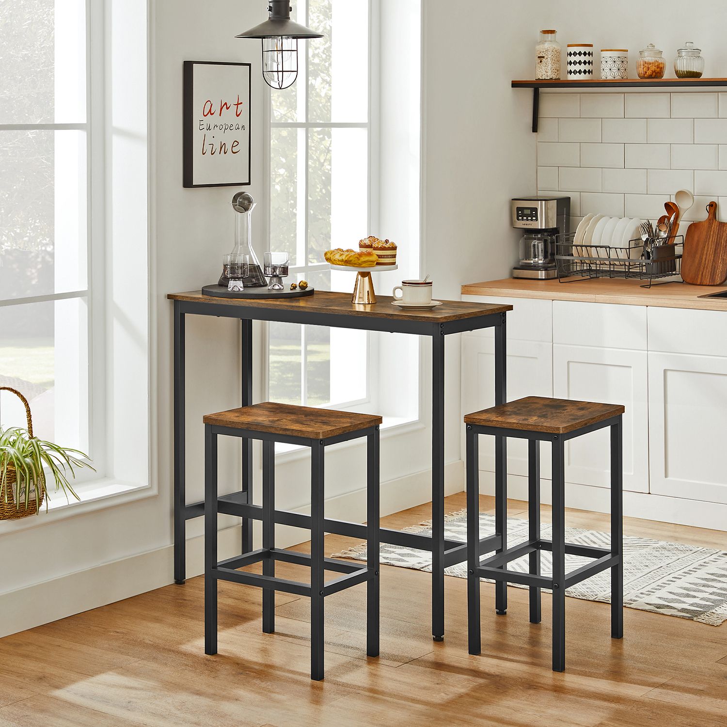 Dining Table Set, Bar Table and Stools Set, Breakfast Bar Table with Bar Stools Set of 2, Industrial Steel Frame, Rustic Brown and Black LBT218B01 - Image 2
