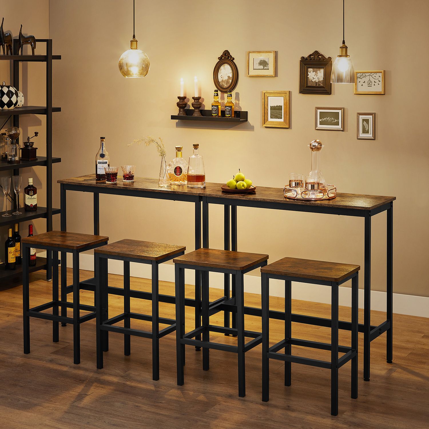Dining Table Set, Bar Table and Stools Set, Breakfast Bar Table with Bar Stools Set of 2, Industrial Steel Frame, Rustic Brown and Black LBT218B01 - Image 3