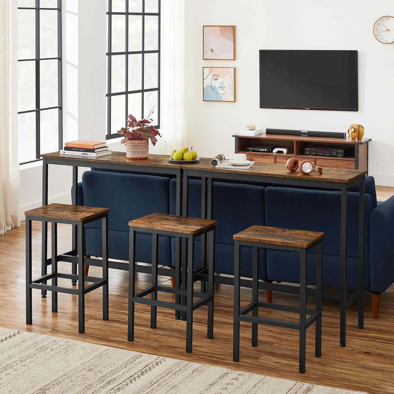 Dining Table Set, Bar Table and Stools Set, Breakfast Bar Table with Bar Stools Set of 2, Industrial Steel Frame, Rustic Brown and Black LBT218B01 - Image 4