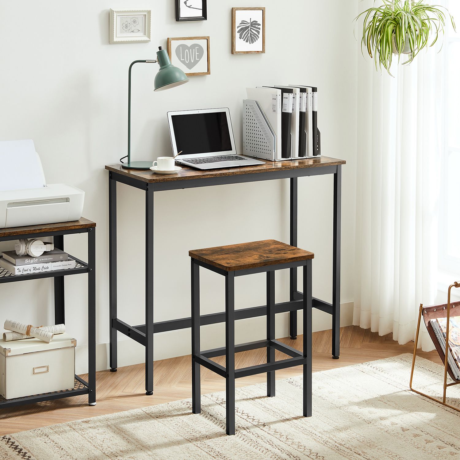 Dining Table Set, Bar Table and Stools Set, Breakfast Bar Table with Bar Stools Set of 2, Industrial Steel Frame, Rustic Brown and Black LBT218B01 - Image 5