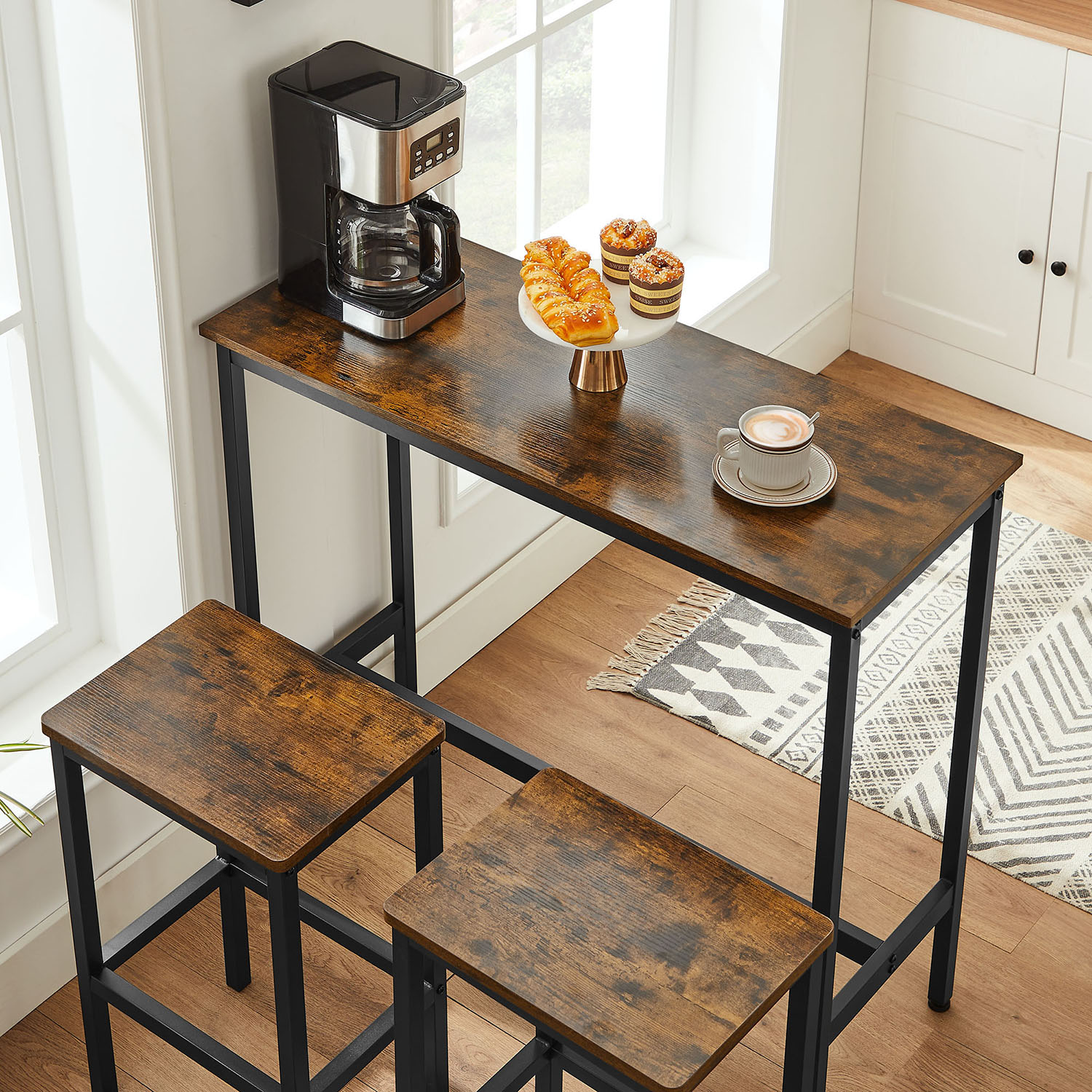Dining Table Set, Bar Table and Stools Set, Breakfast Bar Table with Bar Stools Set of 2, Industrial Steel Frame, Rustic Brown and Black LBT218B01 - Image 6