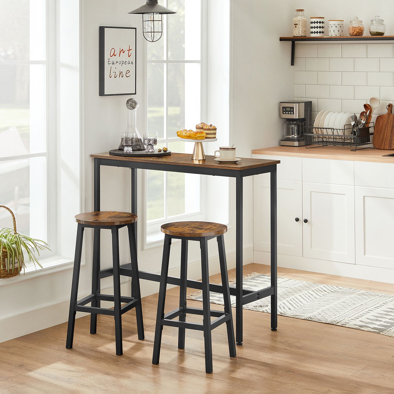 Bar table set with 2 bar stools vintage brown-black - Image 2