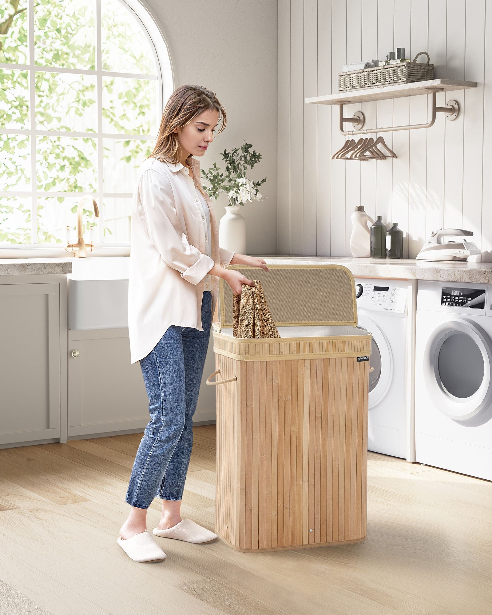 Laundry basket with lid made of bamboo 72 litres natural beige - Image 2
