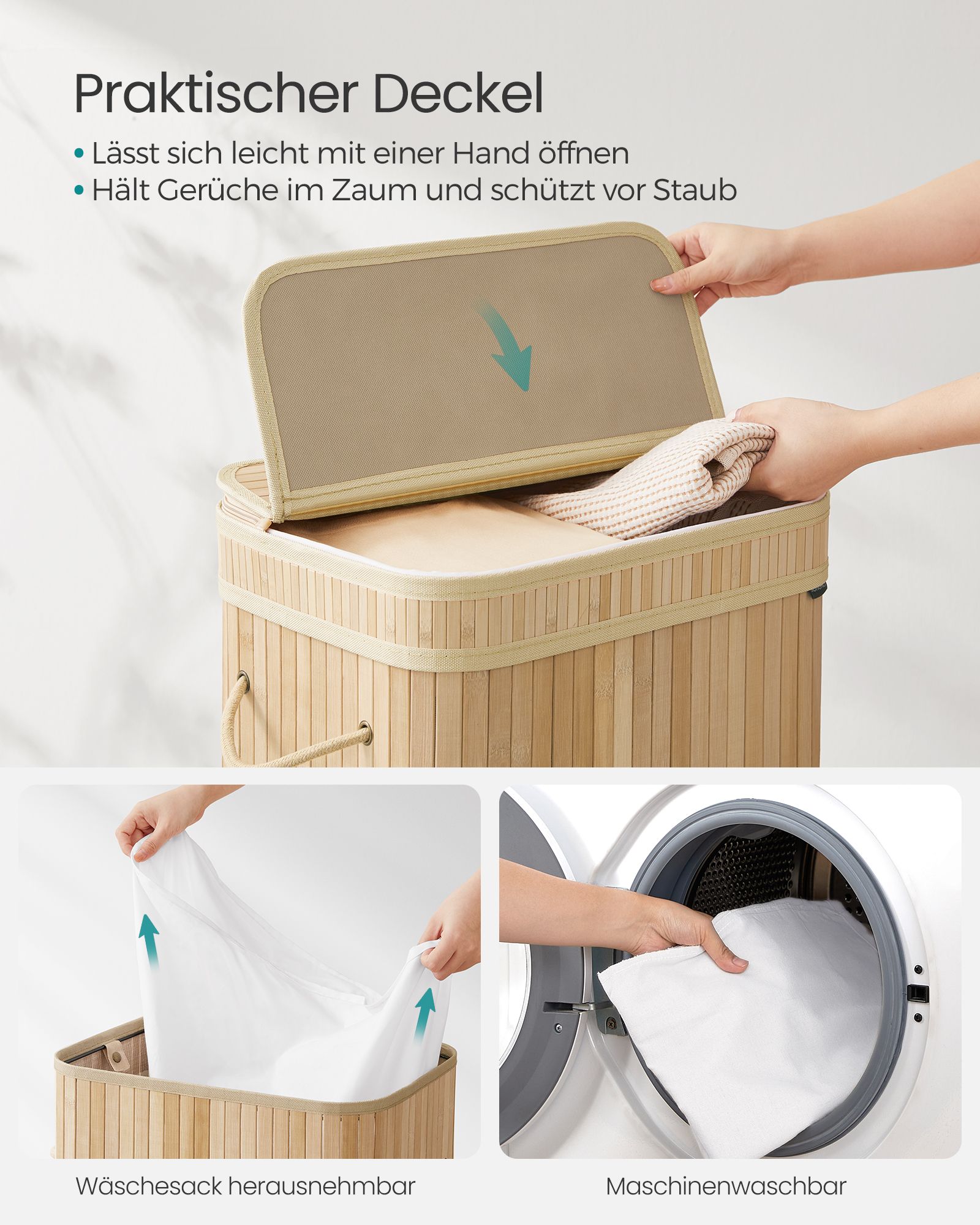 Laundry basket with lid made of bamboo 72 litres natural beige - Image 3