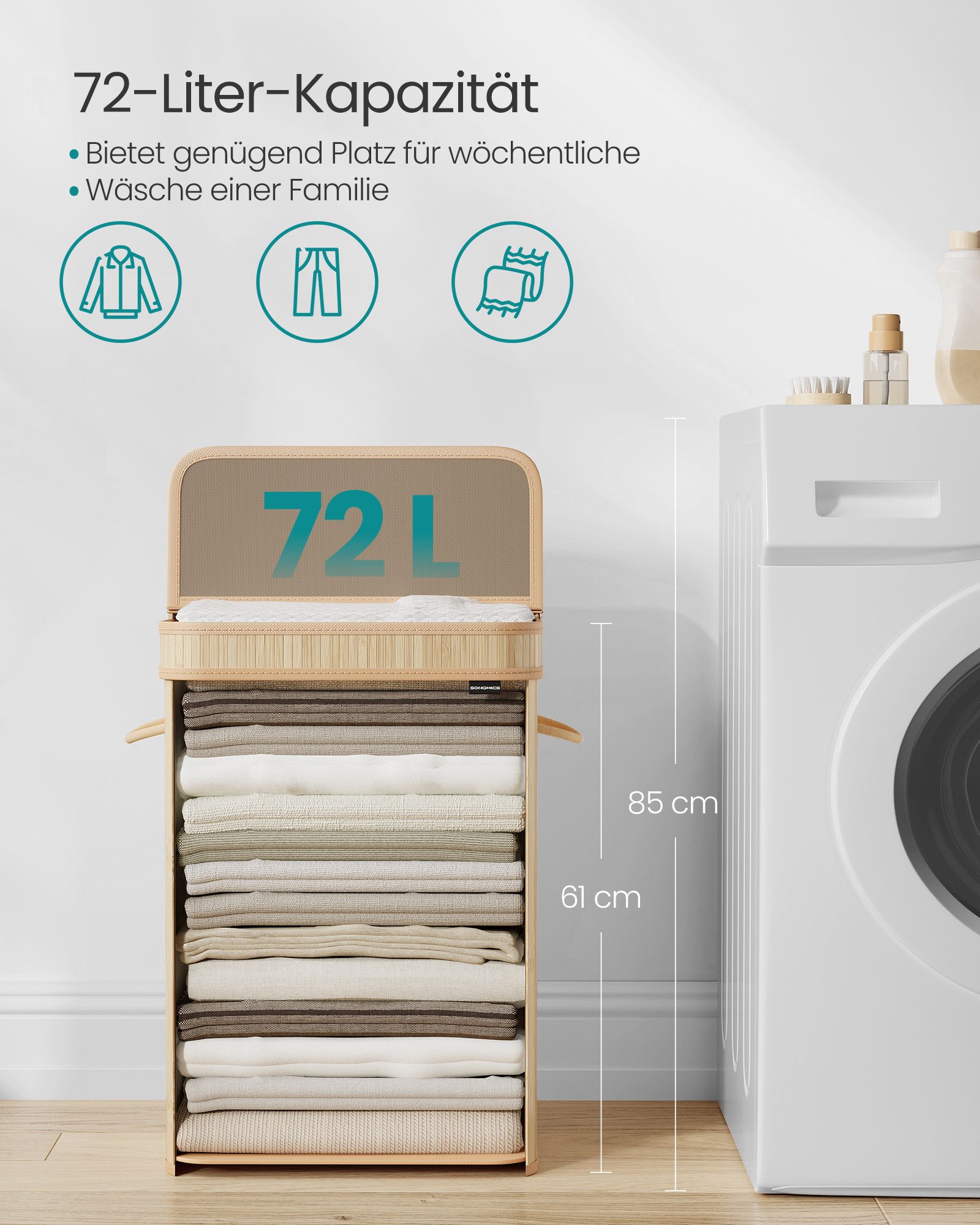 Laundry basket with lid made of bamboo 72 litres natural beige - Image 4