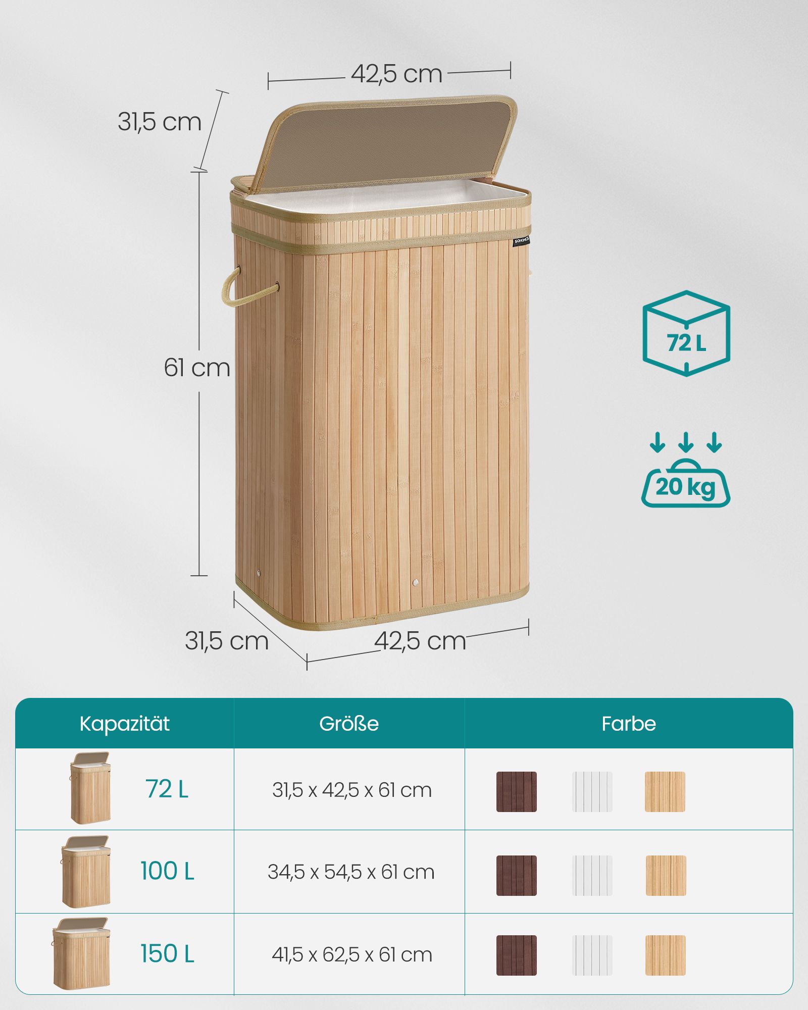 Laundry basket with lid made of bamboo 72 litres natural beige - Image 5
