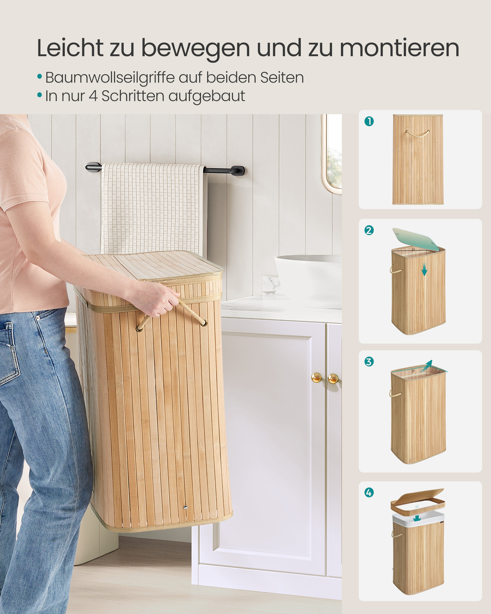Laundry basket with lid made of bamboo 72 litres natural beige - Image 6