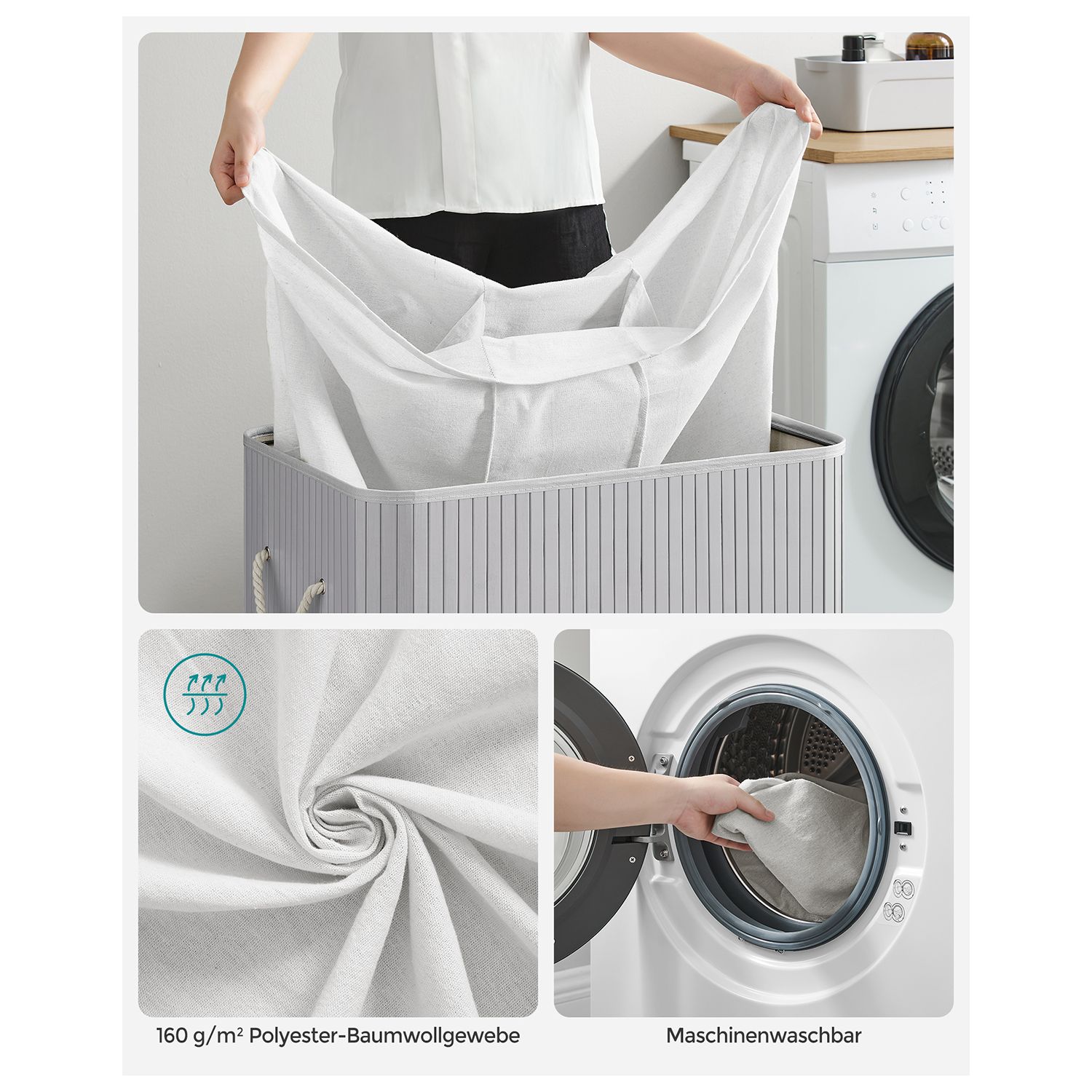 Vasketøjskurv med 3 sektioner, clip-on låg og håndtag, 150 l, foldbar, til vaskerum, soveværelse, badeværelse, grå LCB091G01 - Billede 4