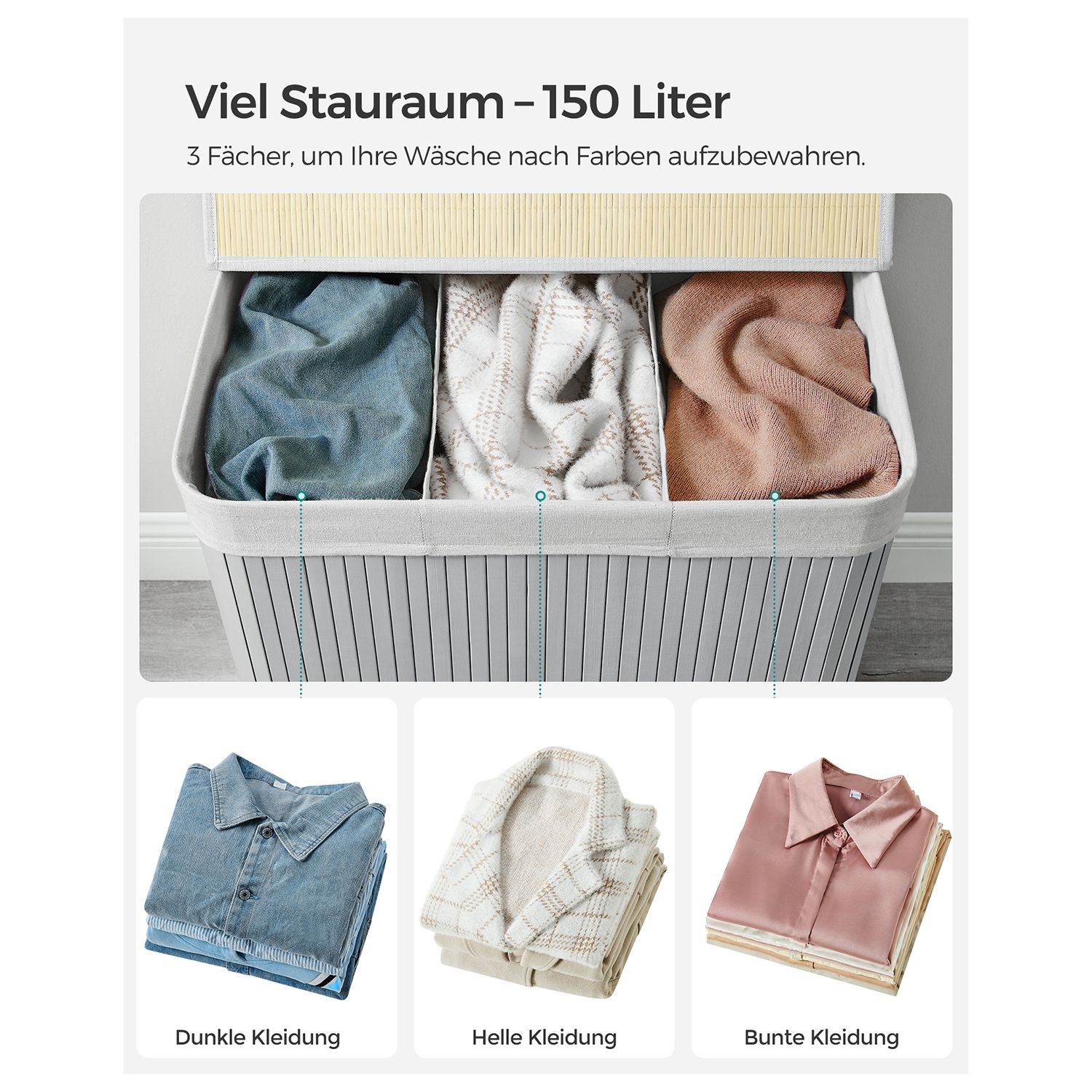 Vasketøjskurv med 3 sektioner, clip-on låg og håndtag, 150 l, foldbar, til vaskerum, soveværelse, badeværelse, grå LCB091G01 - Billede 6