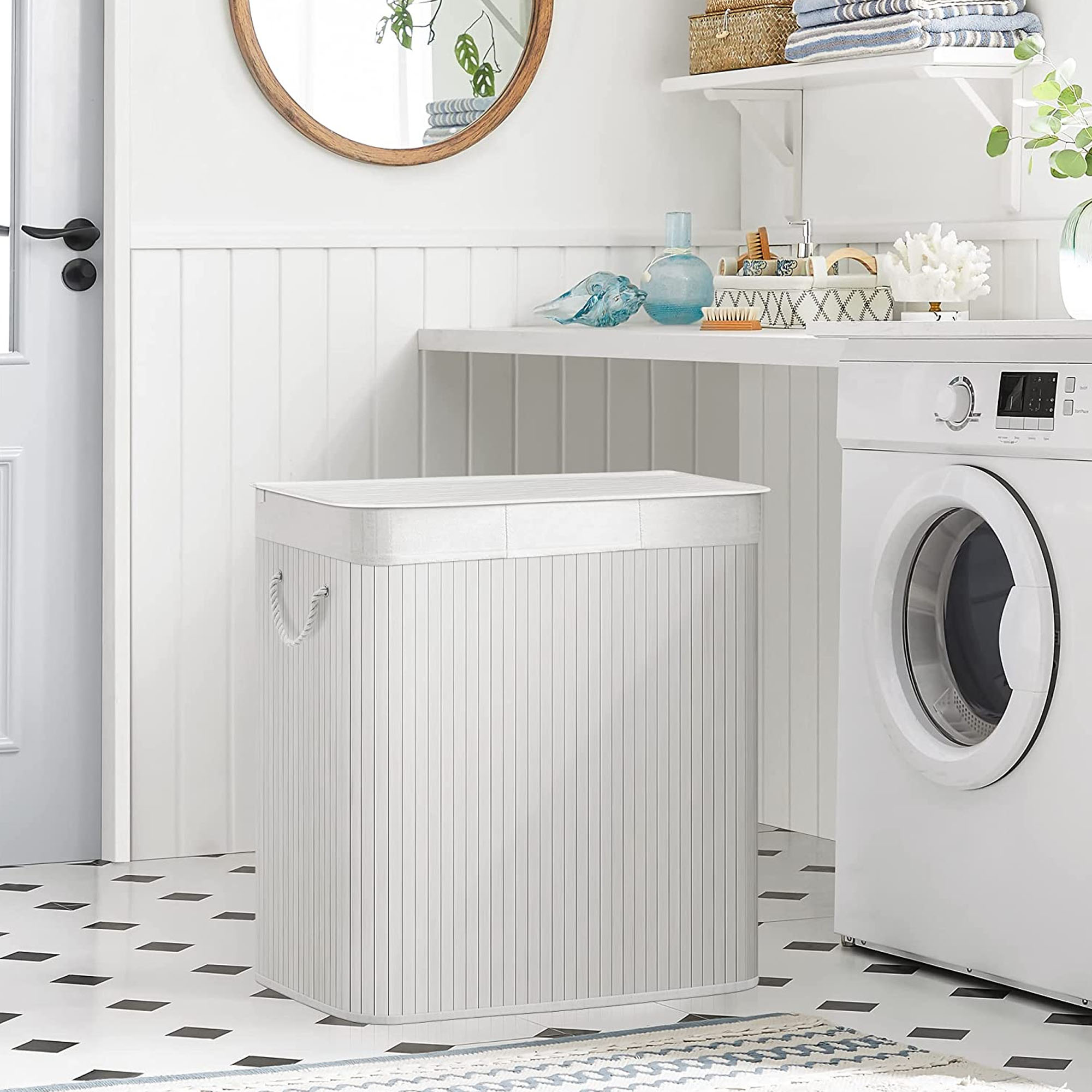 Laundry Hamper Basket with 3 Sections, Clip-on Lid and Handles, 150L Foldable, for Laundry Room, Bedroom, Bathroom, White - Image 2