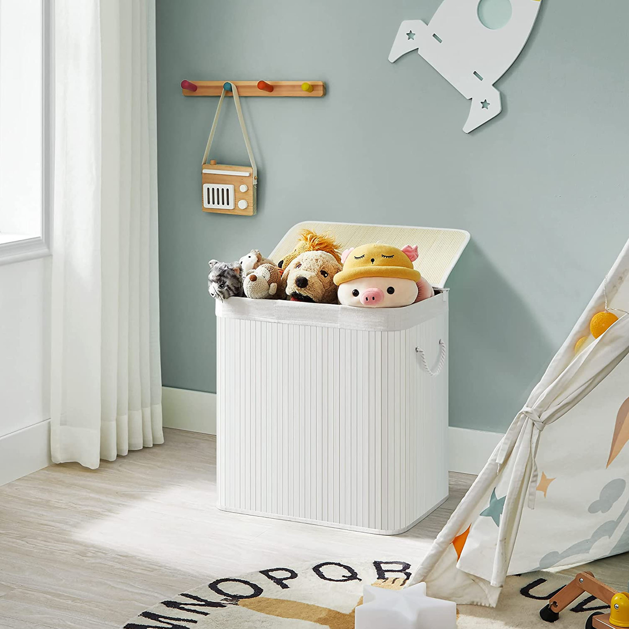Laundry Hamper Basket with 3 Sections, Clip-on Lid and Handles, 150L Foldable, for Laundry Room, Bedroom, Bathroom, White - Image 3