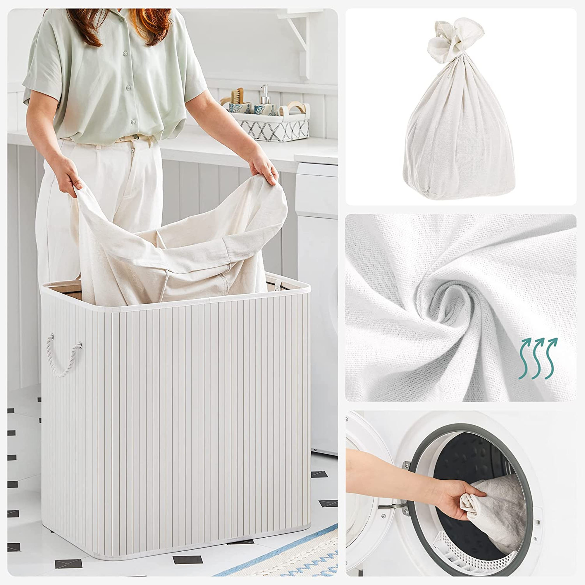 Laundry Hamper Basket with 3 Sections, Clip-on Lid and Handles, 150L Foldable, for Laundry Room, Bedroom, Bathroom, White - Image 4