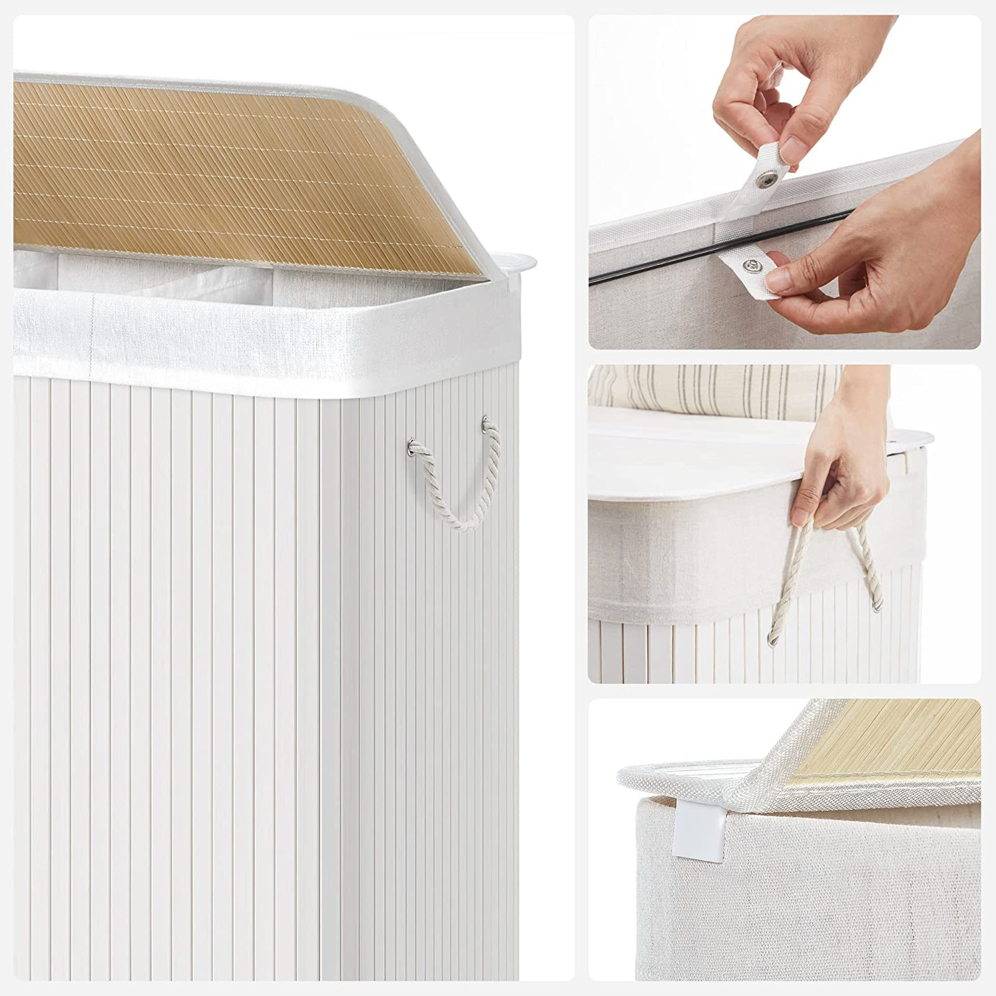 Laundry Hamper Basket with 3 Sections, Clip-on Lid and Handles, 150L Foldable, for Laundry Room, Bedroom, Bathroom, White - Image 6