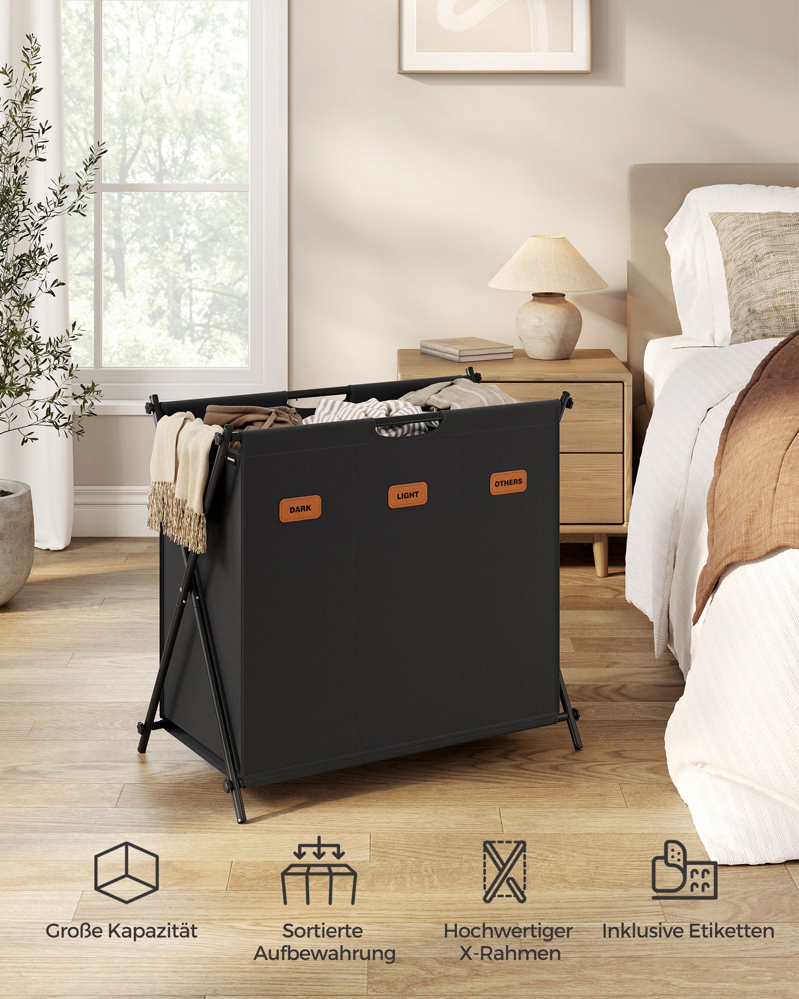 Laundry basket 135 litres with 3 compartments ink black - Image 2