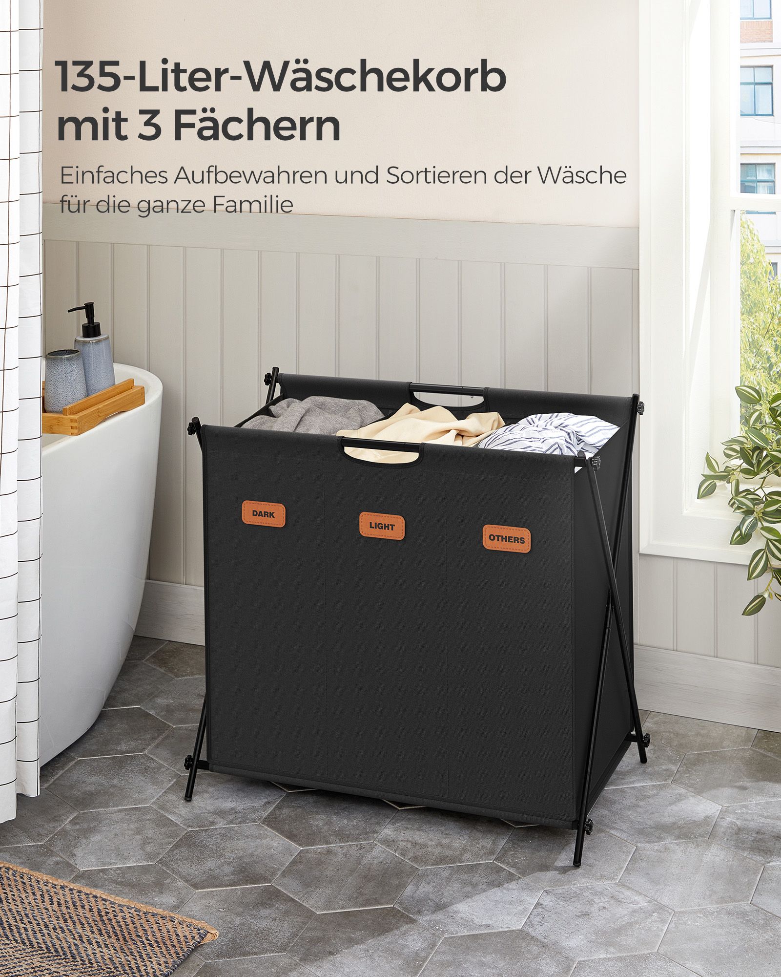 Laundry basket 135 litres with 3 compartments ink black - Image 3