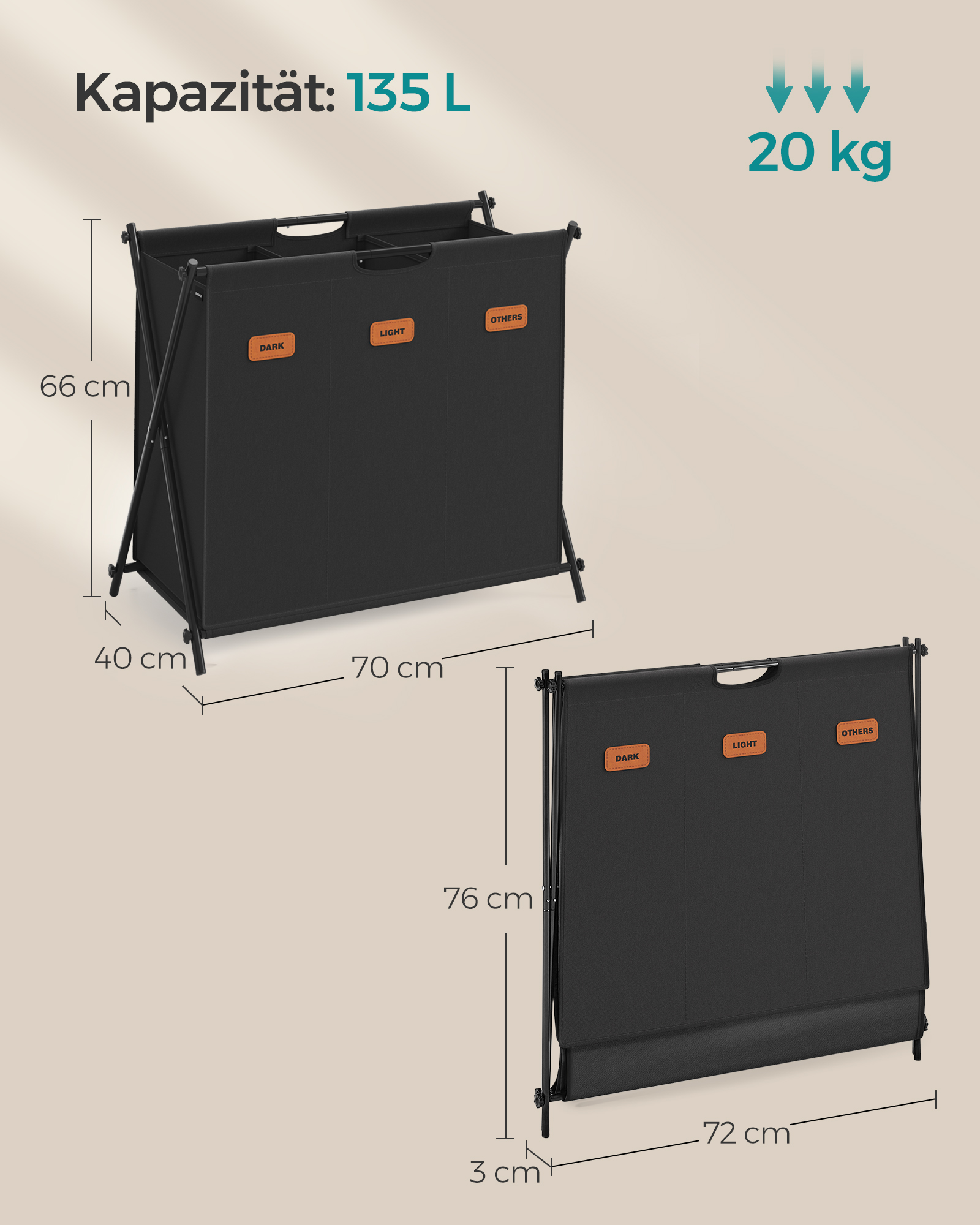 Laundry basket 135 litres with 3 compartments ink black - Image 6