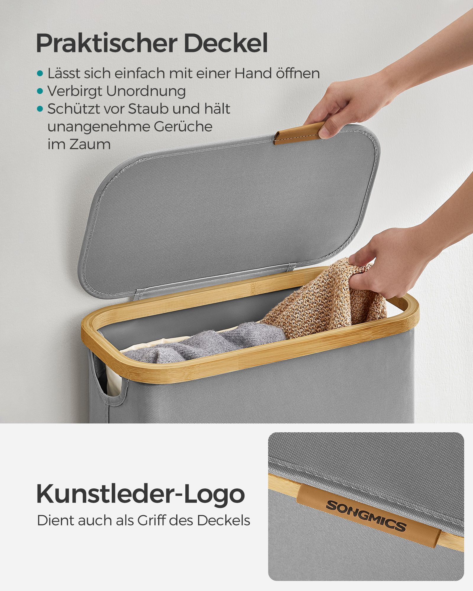 Laundry Basket with Lid, Slim Laundry Hamper, 65L, Space-Saving, Removable Mesh Liner, Oxford Fabric, Bamboo Handles, Collapsible, 42 x 22.5 x 70.5 cm, Dove Grey LCB506G01 - Image 4