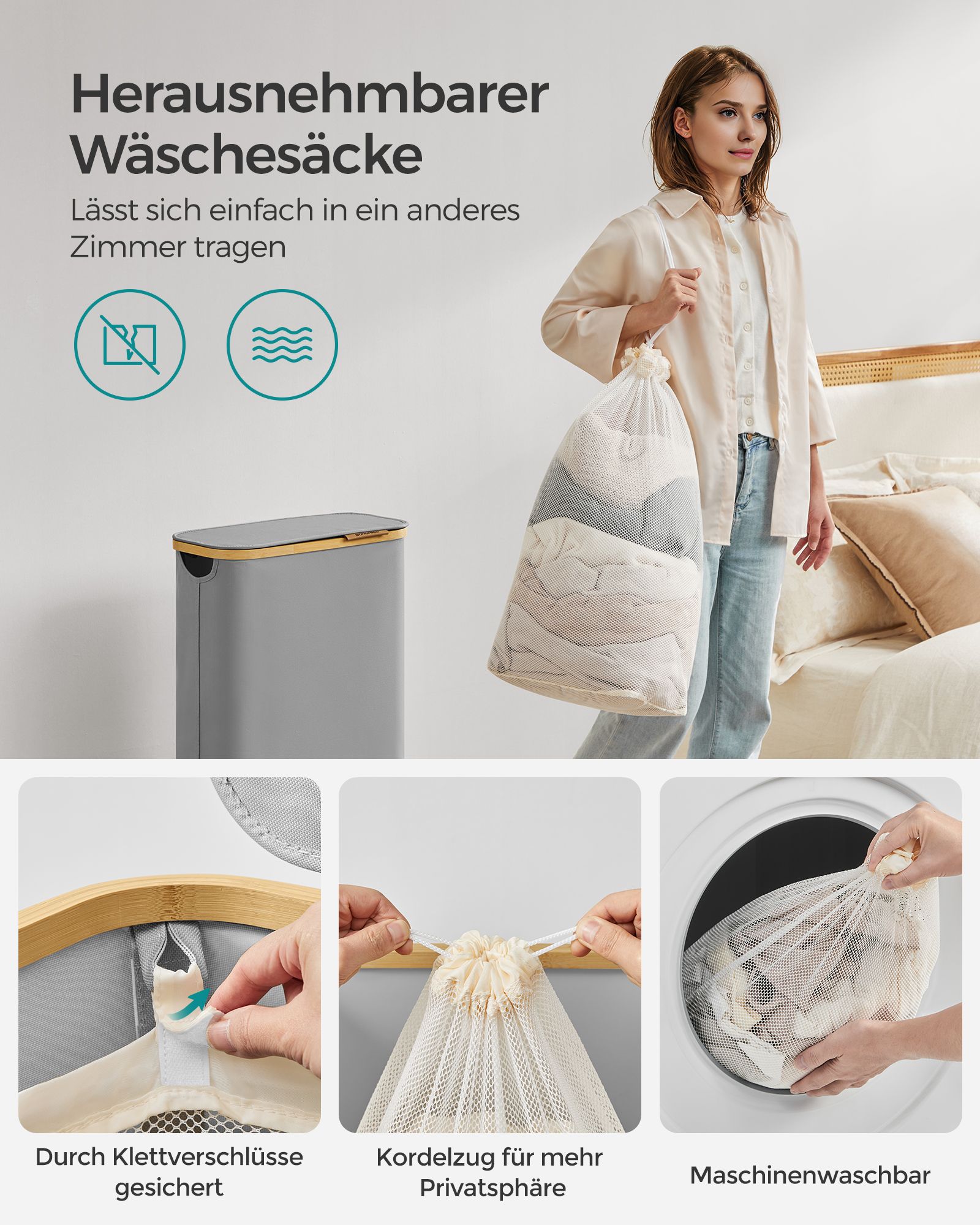 Laundry Basket with Lid, Slim Laundry Hamper, 65L, Space-Saving, Removable Mesh Liner, Oxford Fabric, Bamboo Handles, Collapsible, 42 x 22.5 x 70.5 cm, Dove Grey LCB506G01 - Image 5