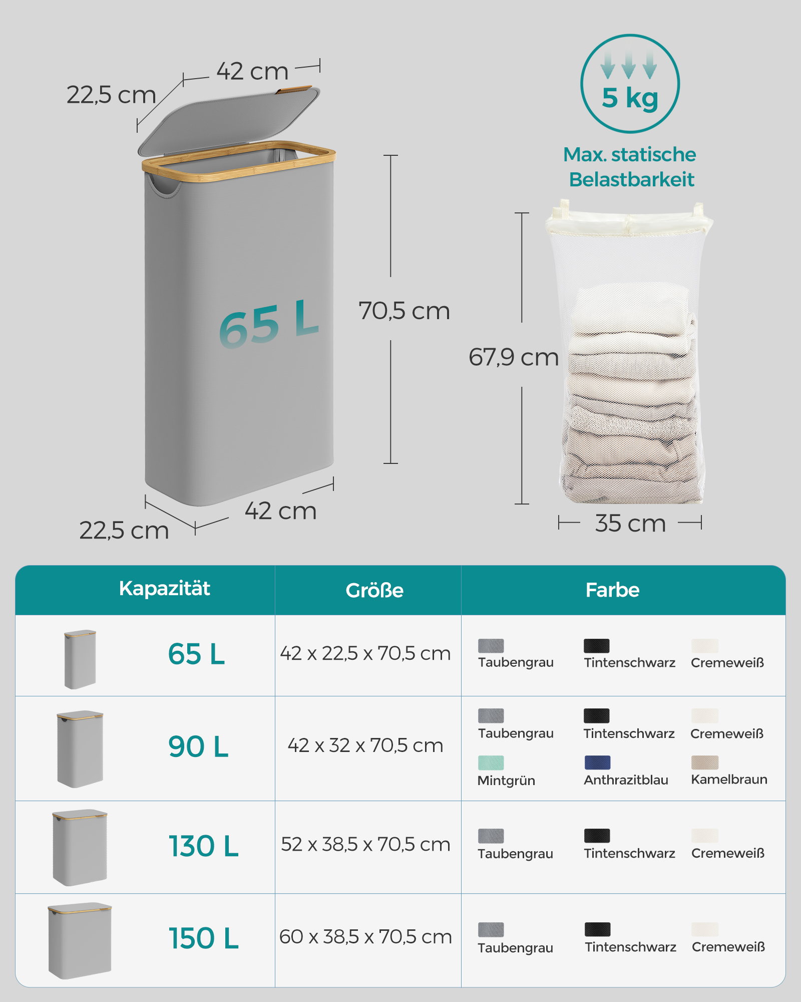 Laundry Basket with Lid, Slim Laundry Hamper, 65L, Space-Saving, Removable Mesh Liner, Oxford Fabric, Bamboo Handles, Collapsible, 42 x 22.5 x 70.5 cm, Dove Grey LCB506G01 - Image 6