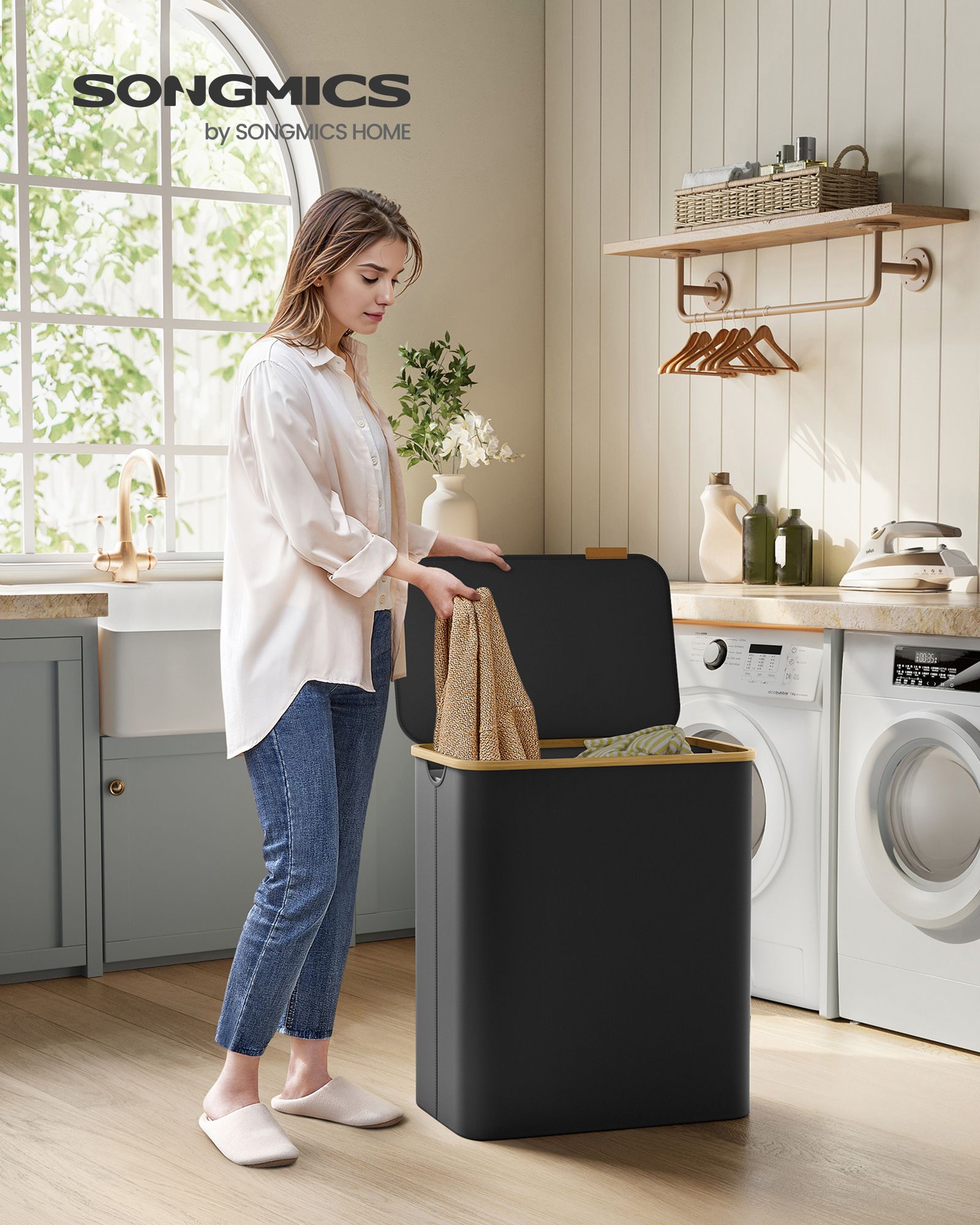 Laundry Basket with Lid, 3-Section Large Laundry Hamper, 150L, Removable Mesh Liner, Oxford Fabric, Bamboo Handles, Collapsible, 60 x 38.5 x 70.5 cm, Ink Black LCB515B01V1 - Image 2