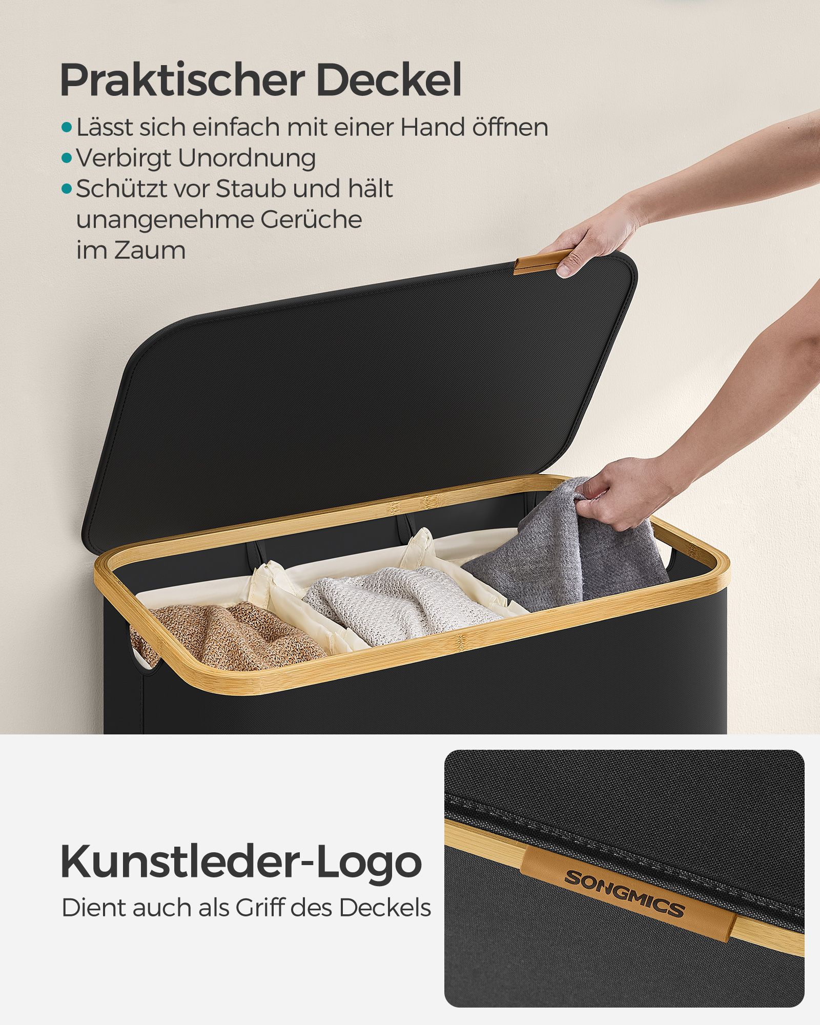 Laundry Basket with Lid, 3-Section Large Laundry Hamper, 150L, Removable Mesh Liner, Oxford Fabric, Bamboo Handles, Collapsible, 60 x 38.5 x 70.5 cm, Ink Black LCB515B01V1 - Image 4