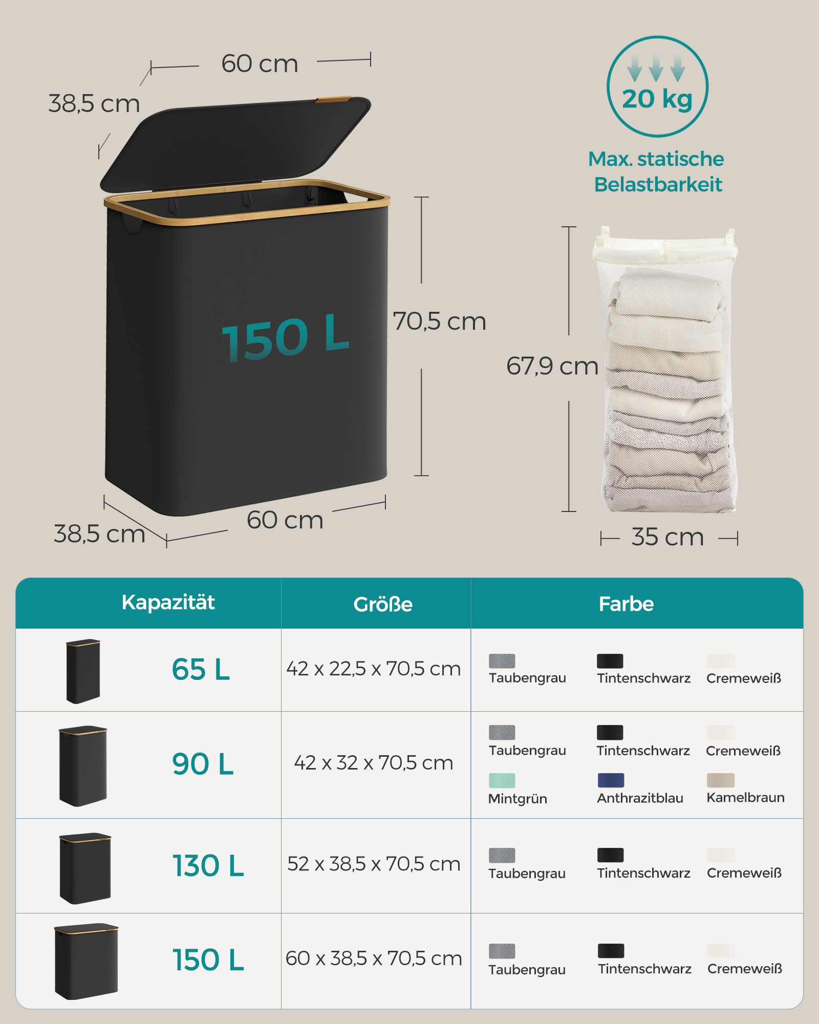 Laundry Basket with Lid, 3-Section Large Laundry Hamper, 150L, Removable Mesh Liner, Oxford Fabric, Bamboo Handles, Collapsible, 60 x 38.5 x 70.5 cm, Ink Black LCB515B01V1 - Image 6