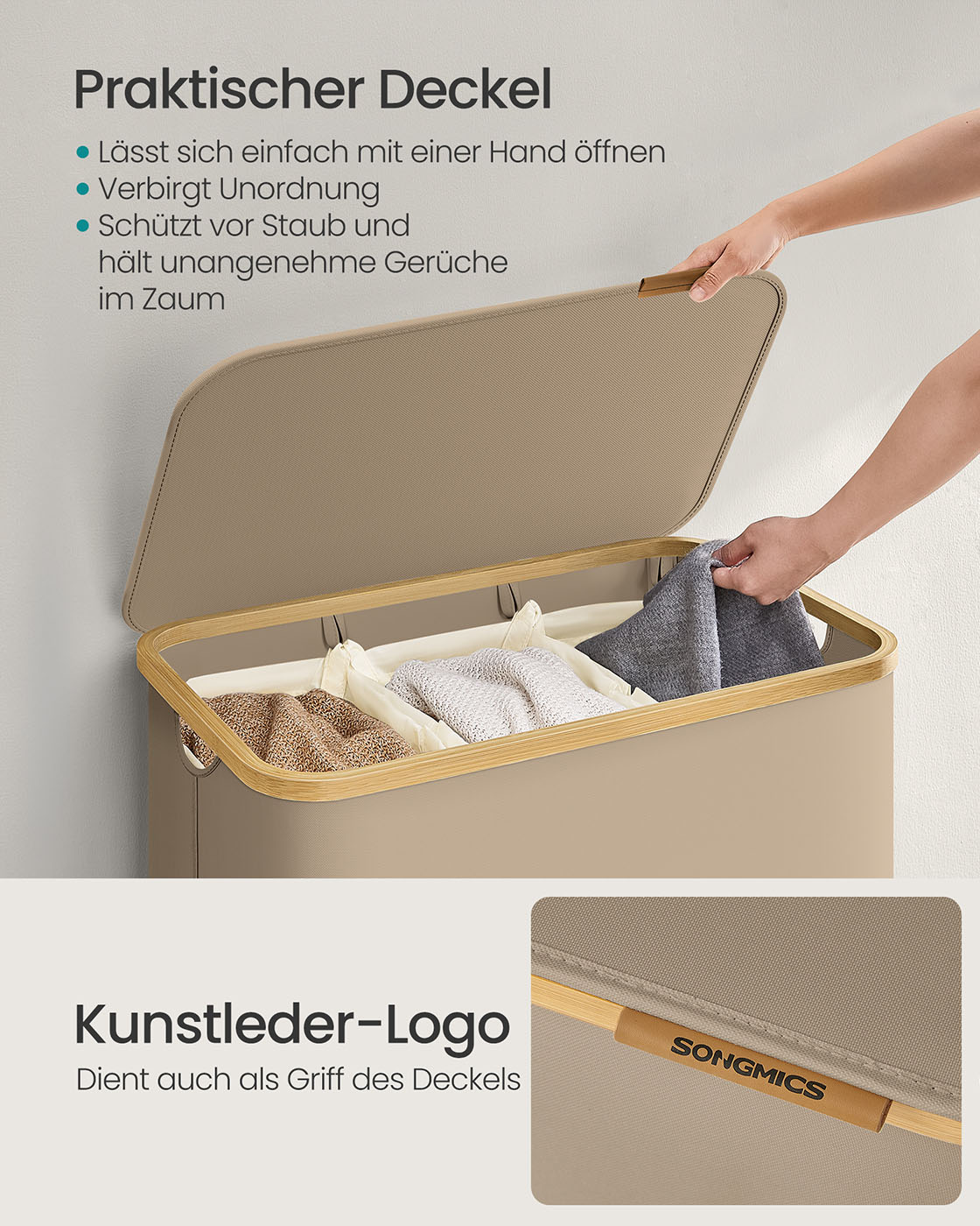 Vasketøjskurv 150 L med låg og 3 rum 60 x 38,5 x 70,5 cm camelbrun - Billede 4