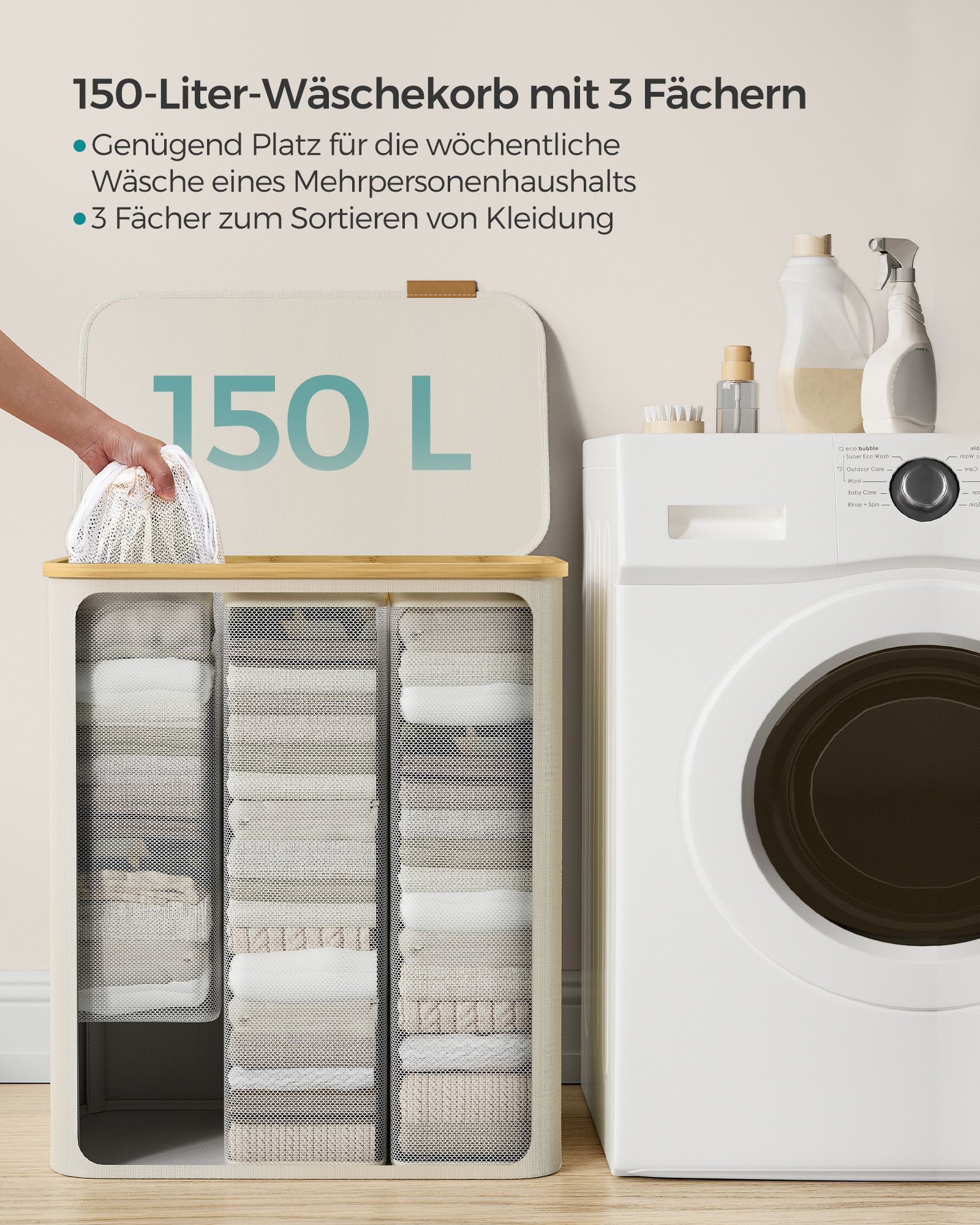 Vasketøjskurv med låg, 3-delt stor vasketøjskurv, 52,8 gallon (150 l), aftagelig netforing, bambushåndtag, sammenklappelig, 23,6 x 15,2 x 27,8 tommer, cremehvid LCB515W01 - Billede 3