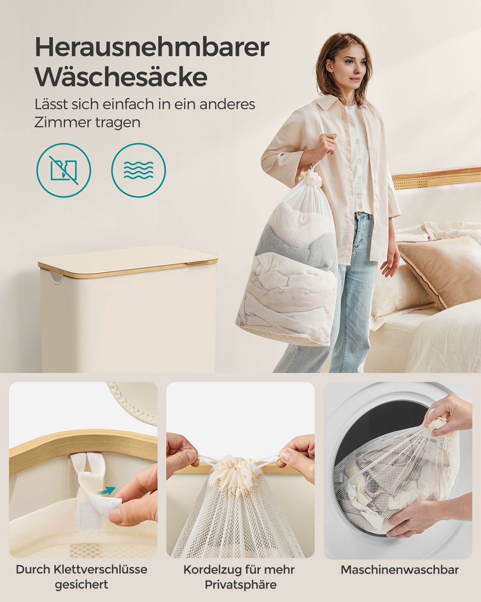 Vasketøjskurv med låg, 3-delt stor vasketøjskurv, 52,8 gallon (150 l), aftagelig netforing, bambushåndtag, sammenklappelig, 23,6 x 15,2 x 27,8 tommer, cremehvid LCB515W01 - Billede 5