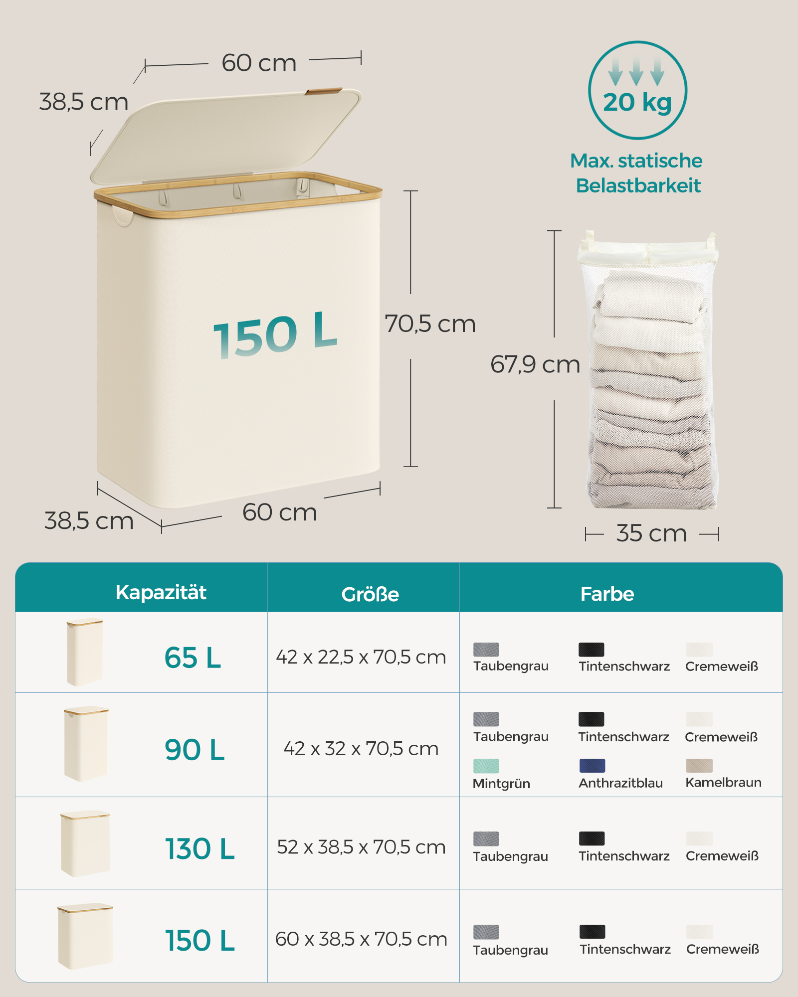 Vasketøjskurv med låg, 3-delt stor vasketøjskurv, 52,8 gallon (150 l), aftagelig netforing, bambushåndtag, sammenklappelig, 23,6 x 15,2 x 27,8 tommer, cremehvid LCB515W01 - Billede 6