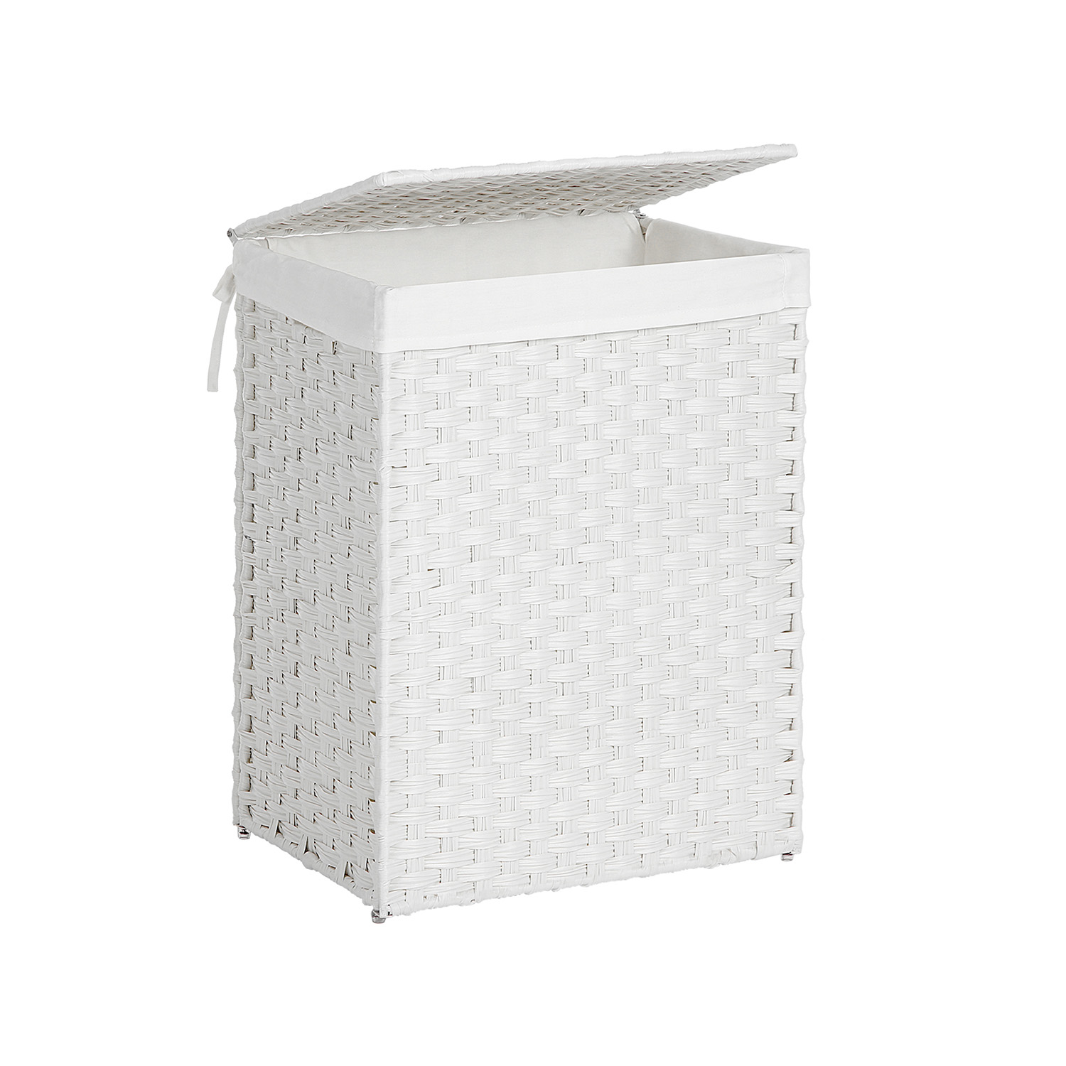 Handwoven Laundry Basket, 90L Synthetic Rattan Clothes Hamper with Lid and Handles, Foldable, Removable Liner Bag, White