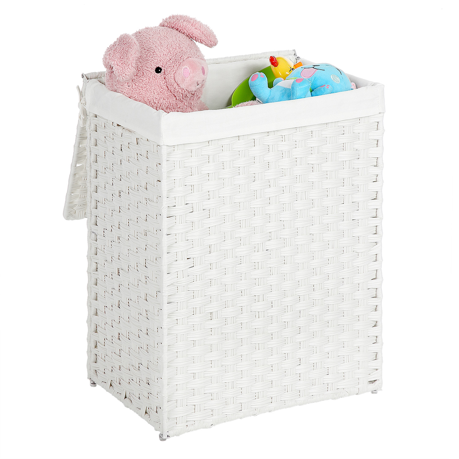 Handwoven Laundry Basket, 90L Synthetic Rattan Clothes Hamper with Lid and Handles, Foldable, Removable Liner Bag, White - Image 2