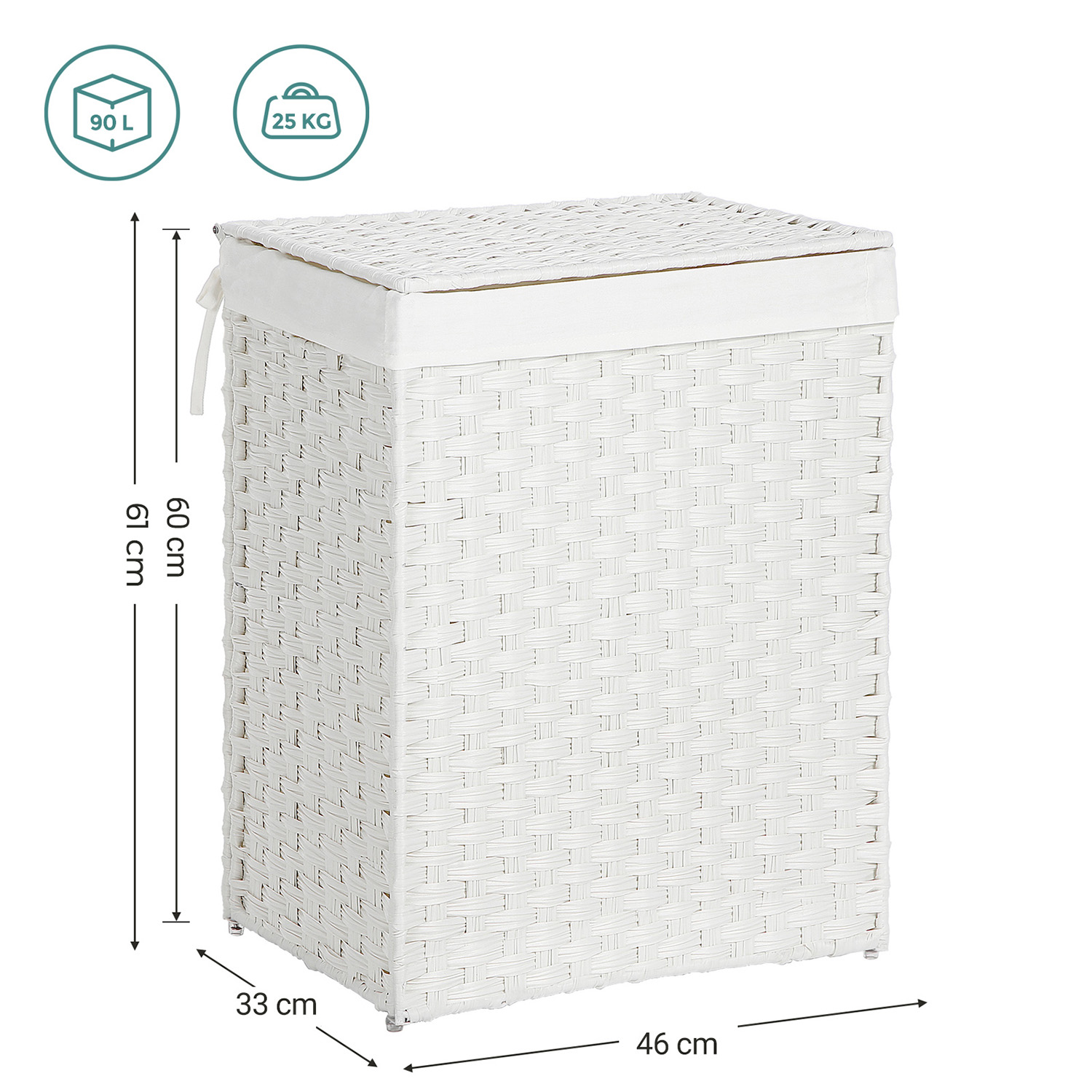 Handwoven Laundry Basket, 90L Synthetic Rattan Clothes Hamper with Lid and Handles, Foldable, Removable Liner Bag, White - Image 3