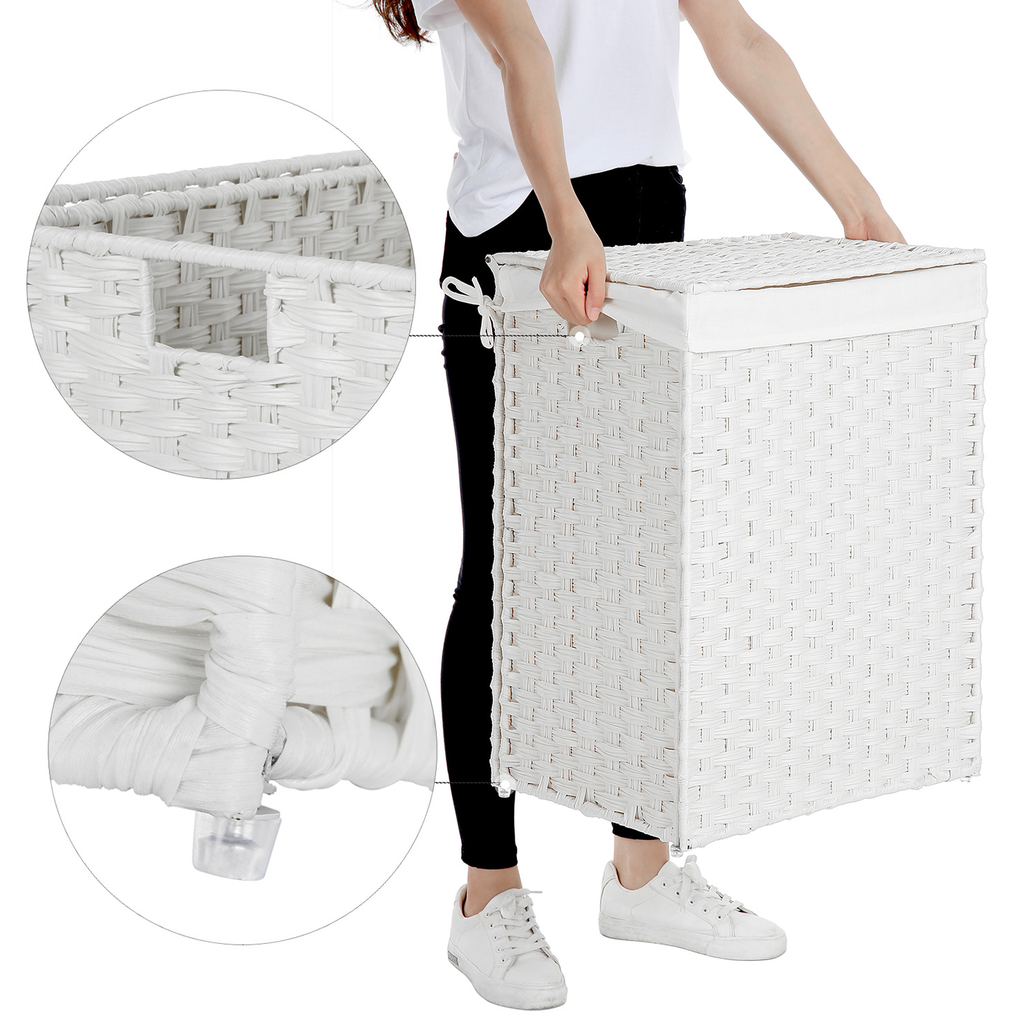 Handwoven Laundry Basket, 90L Synthetic Rattan Clothes Hamper with Lid and Handles, Foldable, Removable Liner Bag, White - Image 4