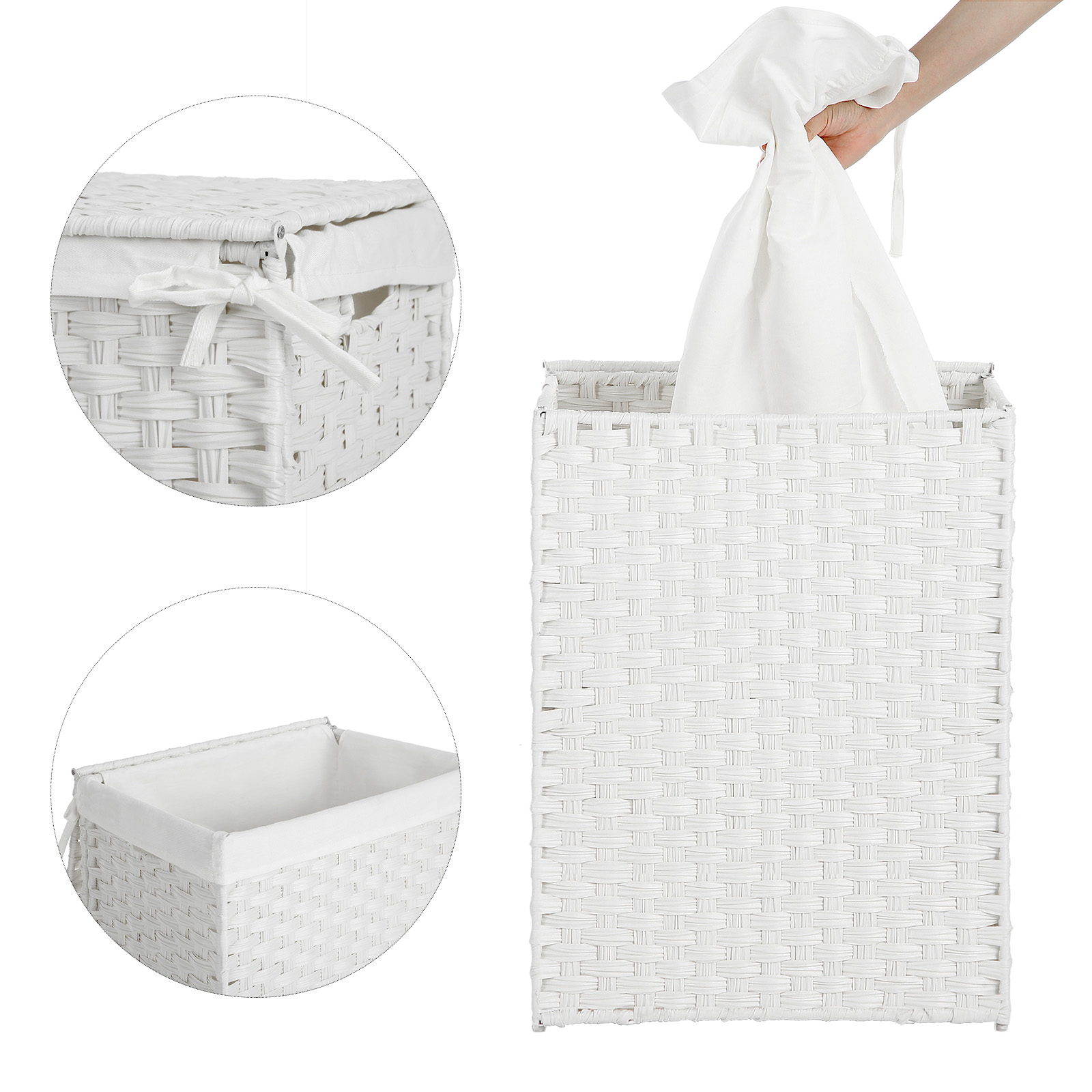 Handwoven Laundry Basket, 90L Synthetic Rattan Clothes Hamper with Lid and Handles, Foldable, Removable Liner Bag, White - Image 5