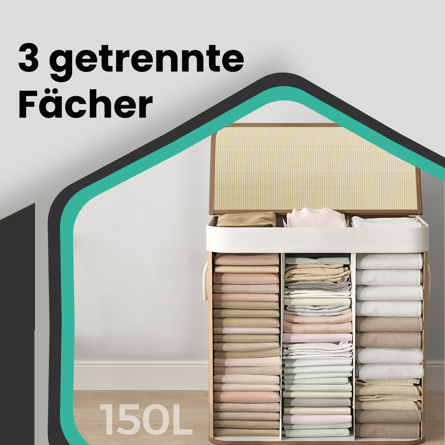 Laundry basket, laundry bin 150 L, 3 compartments - Image 4