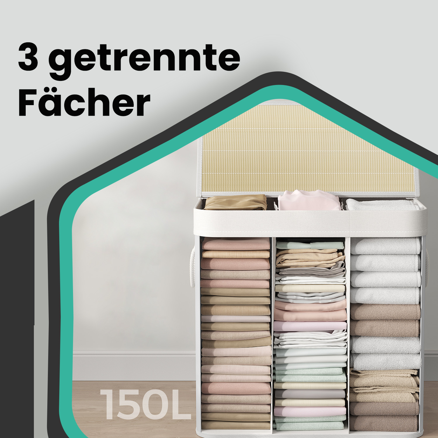 Laundry basket, laundry bin 150 L, 3 compartments - Image 4