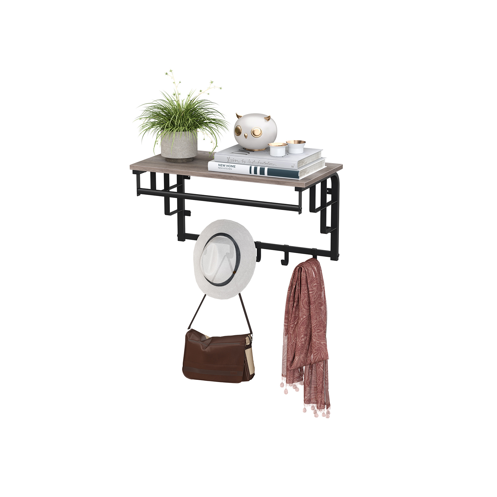 Coat Rack Wall-Mounted, Coat Hook with 5 Hooks and Hanging Rail, for Entryway, Hallway, Bedroom, Bathroom, Living Room, Greige and Black - Image 2
