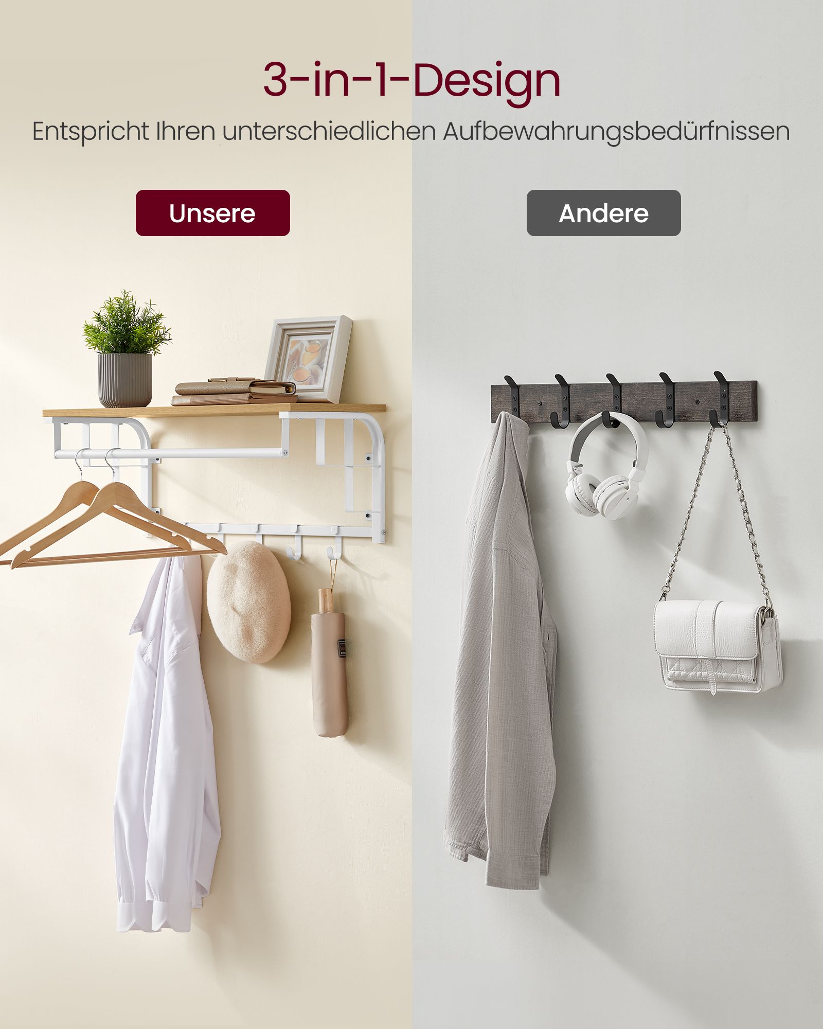 Väggmonterad klädhängare, klädstång med 5 löstagbara klädkrokar, flytande hylla med hängstång, för hall, sovrum, vardagsrum, Golden Oak och Cloud White - Bild 3