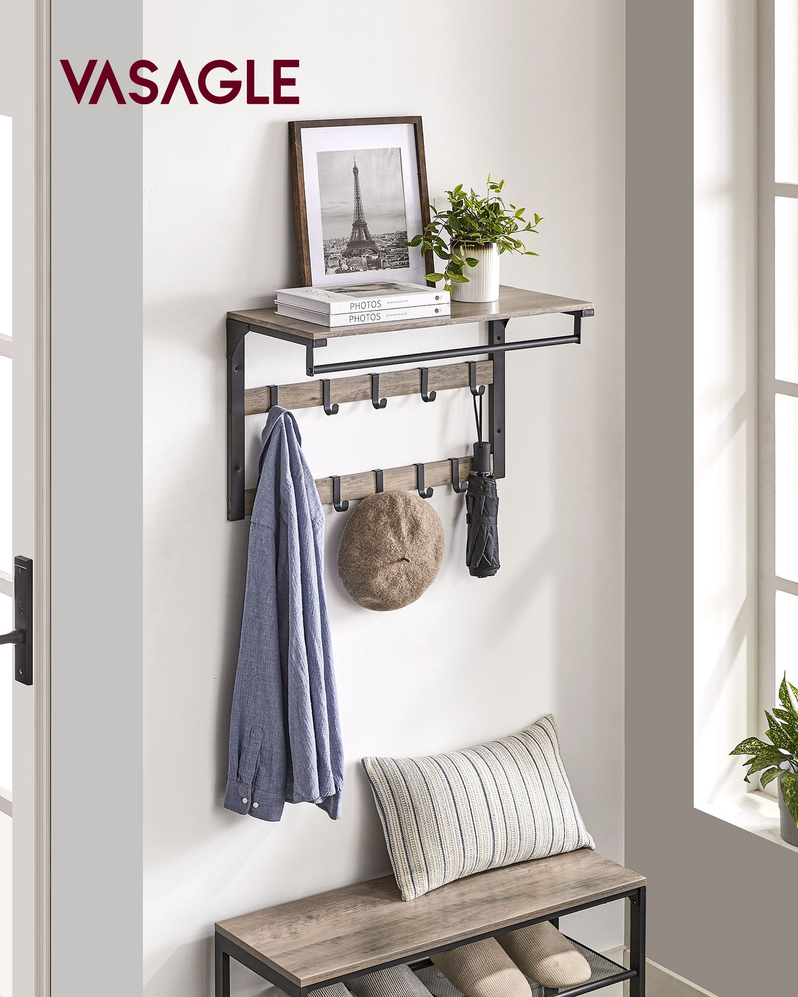 Wall Mounted Coat Rack with Shelf, Wall Shelf with 10 Removable Hooks, Hanging Shelf, Wall Mounted, 2 Coat Racks, Clothes Rail, for Hallway, Bedroom, Bathroom, Grey Black LCR101B02 - Image 2
