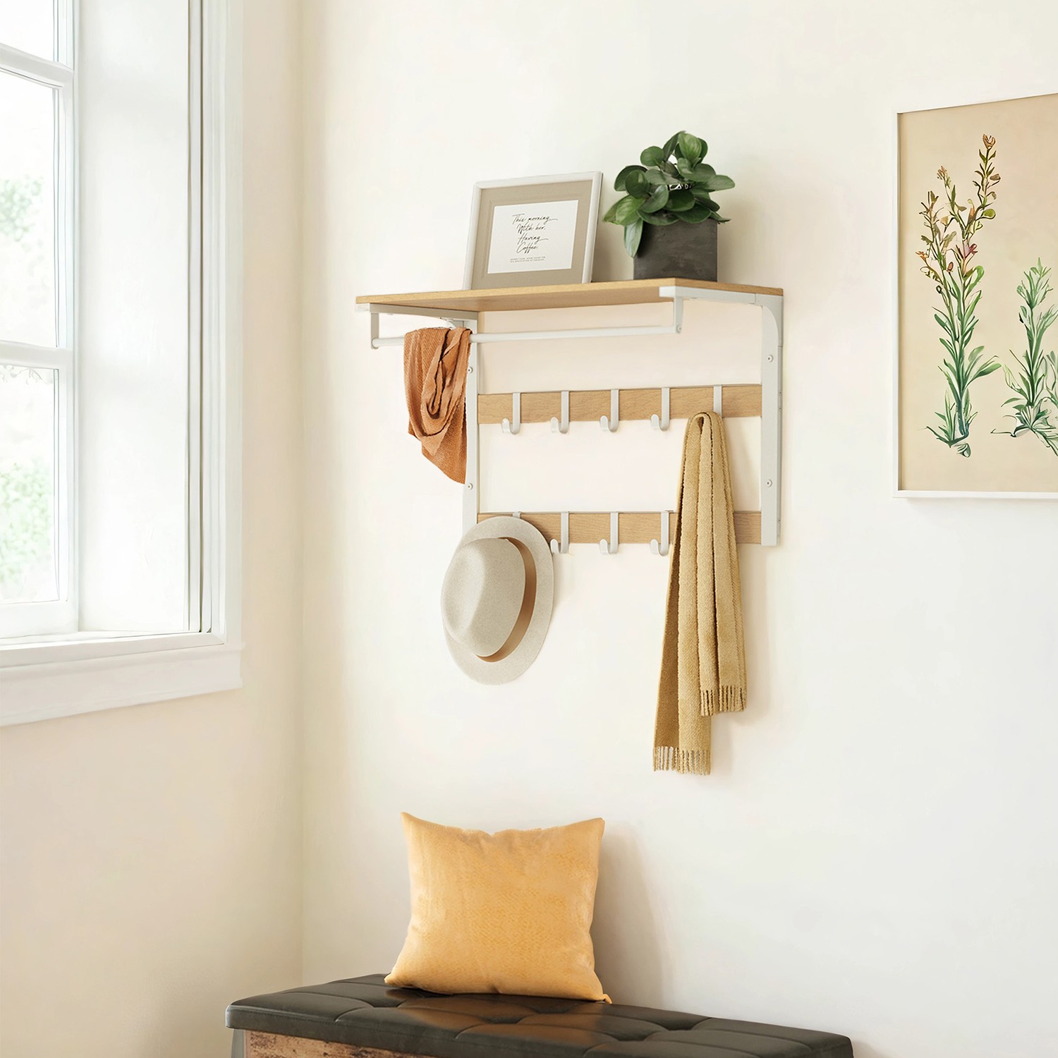 Wall coat rack, with shelf, wall shelf with 10 removable hooks