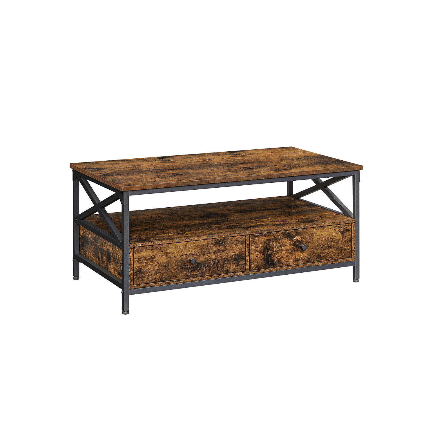 Sofabord, stuebord, med 2 skuffer og åben opbevaringshylde, X-formet stålstel, 100 x 55 x 45 cm, industriel stil, rustik brun og sort LCT201B01