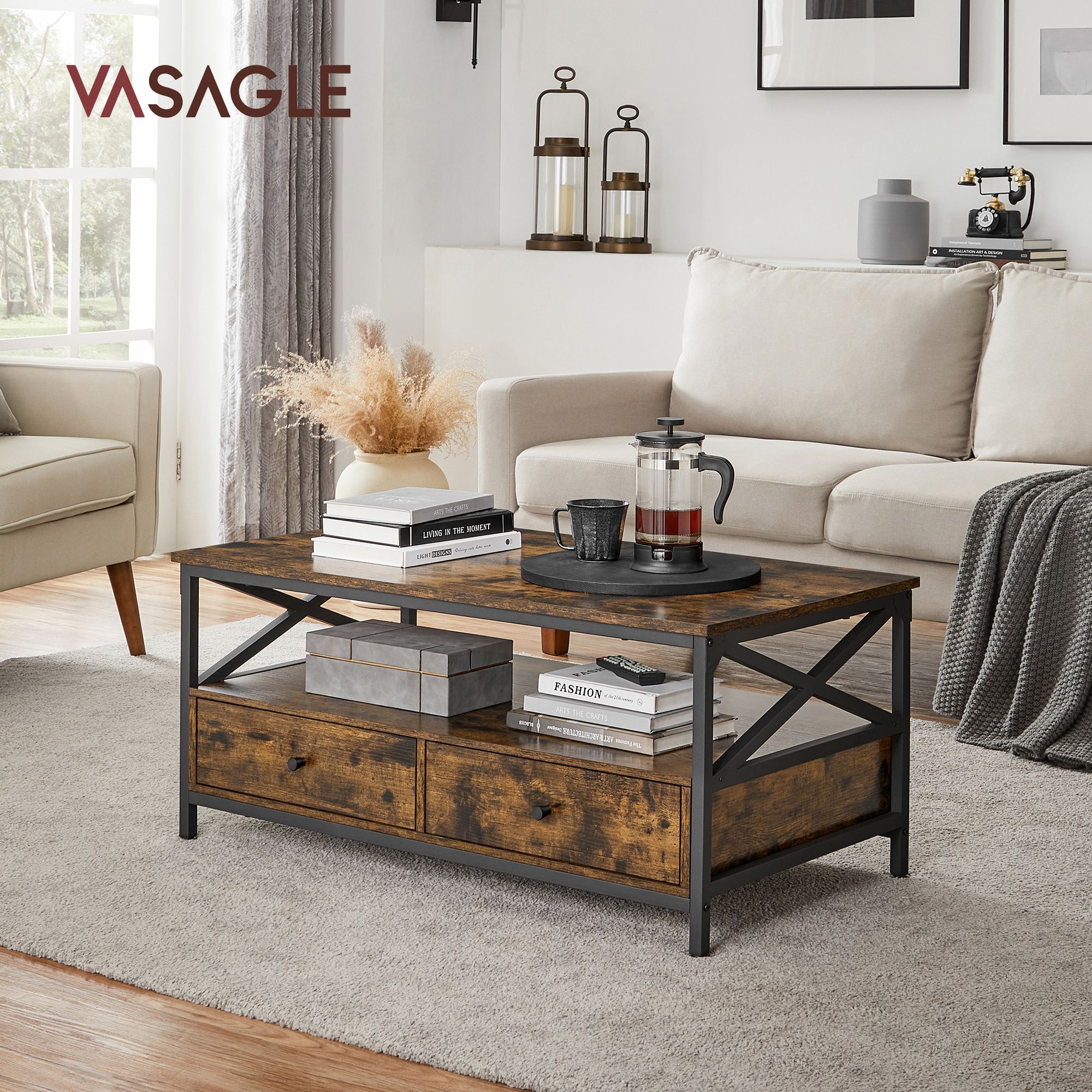 Sofabord, stuebord, med 2 skuffer og åben opbevaringshylde, X-formet stålstel, 100 x 55 x 45 cm, industriel stil, rustik brun og sort LCT201B01 - Billede 2