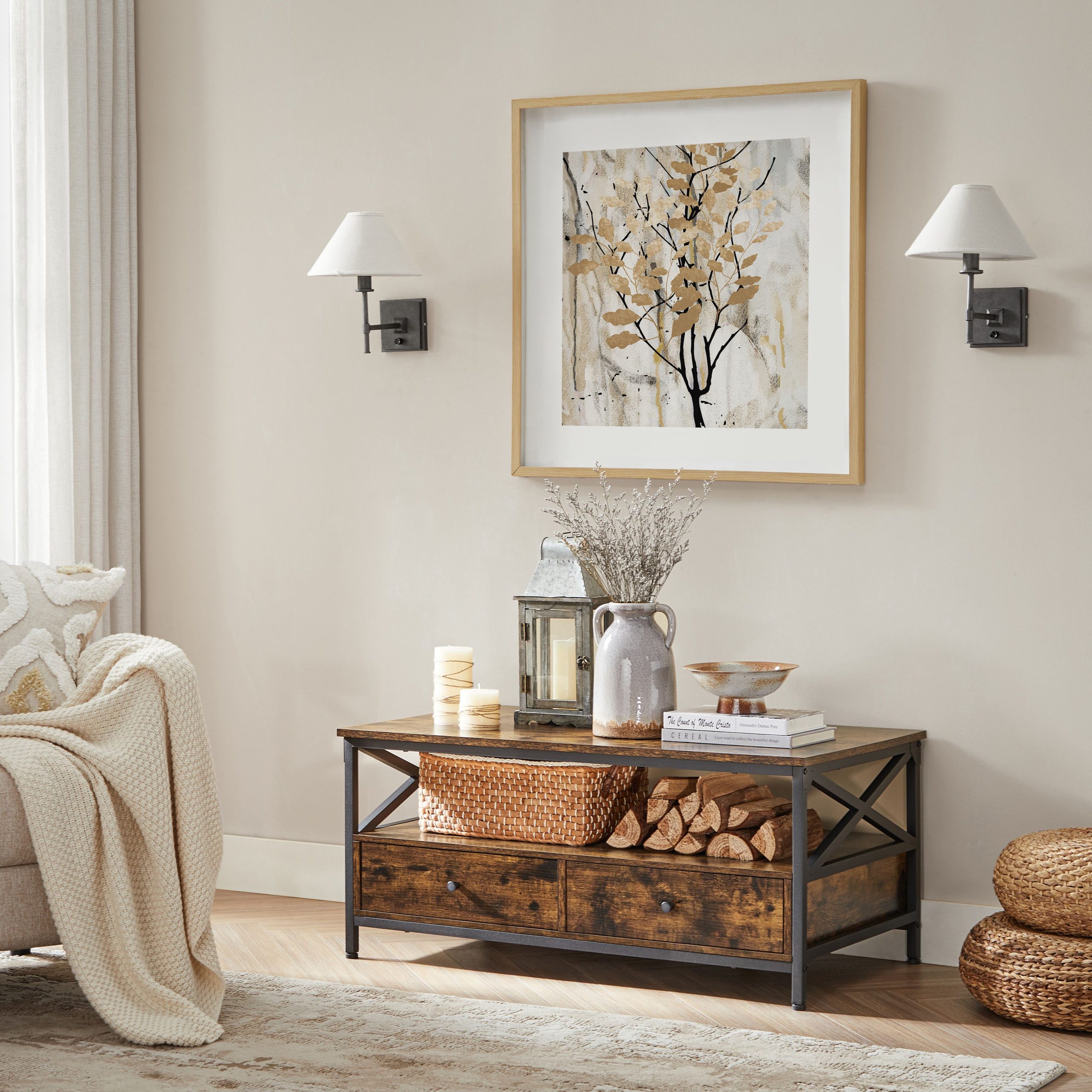 Sofabord, stuebord, med 2 skuffer og åben opbevaringshylde, X-formet stålstel, 100 x 55 x 45 cm, industriel stil, rustik brun og sort LCT201B01 - Billede 3