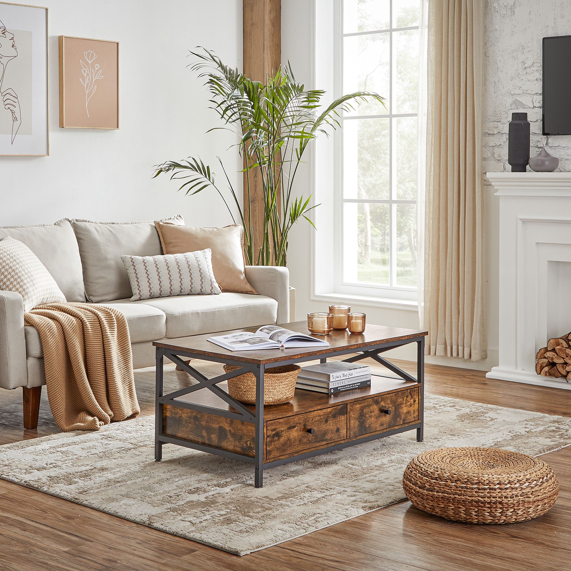 Sofabord, stuebord, med 2 skuffer og åben opbevaringshylde, X-formet stålstel, 100 x 55 x 45 cm, industriel stil, rustik brun og sort LCT201B01 - Billede 4