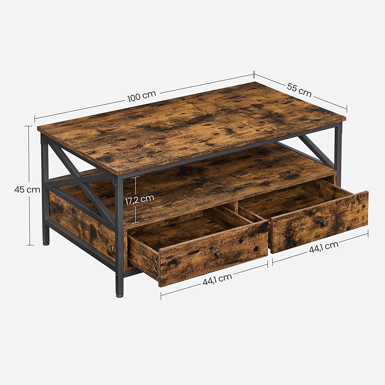 Sofabord, stuebord, med 2 skuffer og åben opbevaringshylde, X-formet stålstel, 100 x 55 x 45 cm, industriel stil, rustik brun og sort LCT201B01 - Billede 6