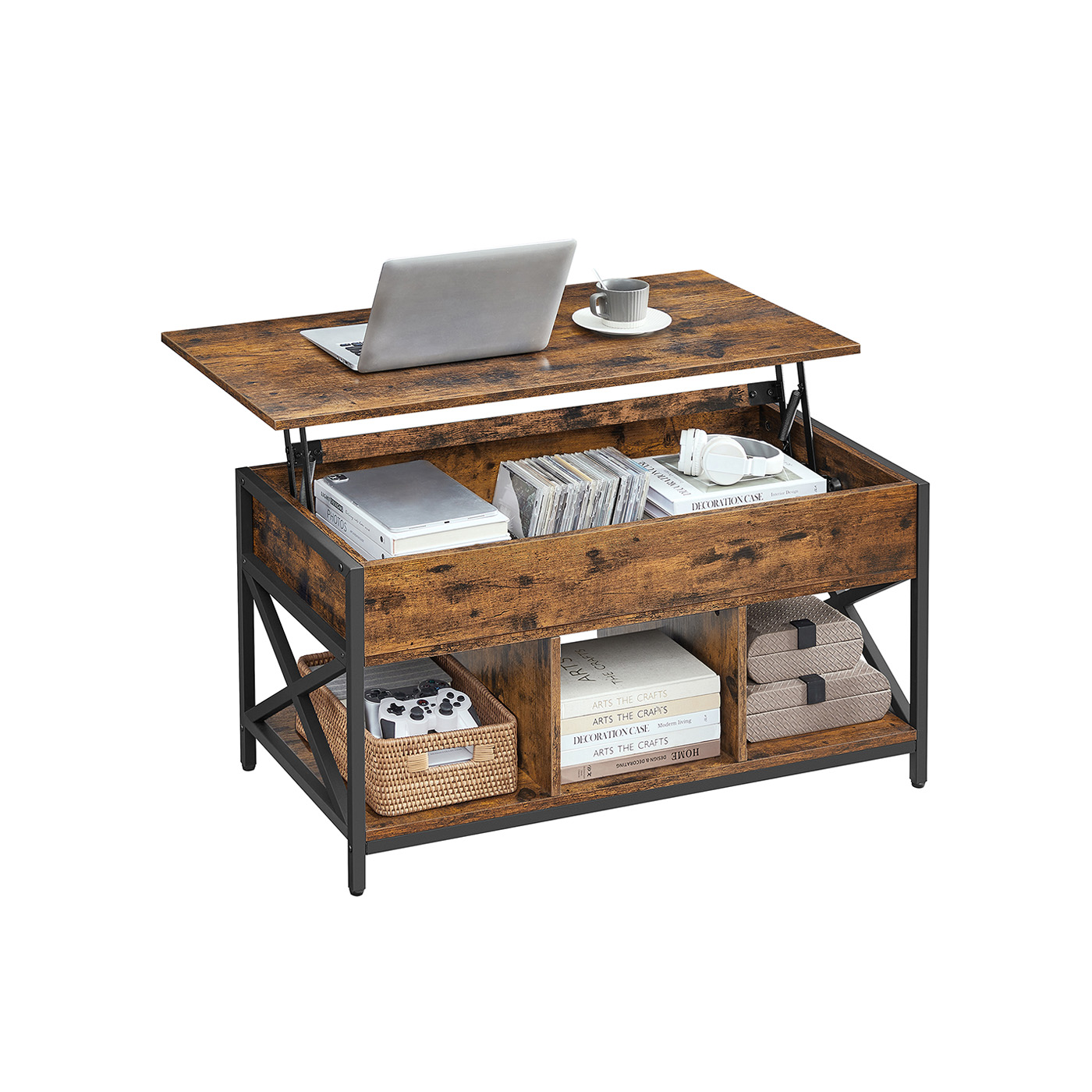 Height-adjustable coffee table with open compartments vintage brown-black